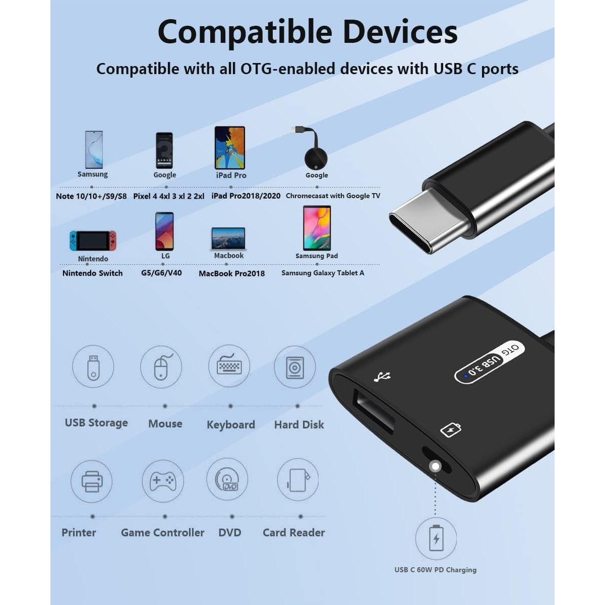 Adaptador USB C OTG con carga PD 60W Azddur - Negro