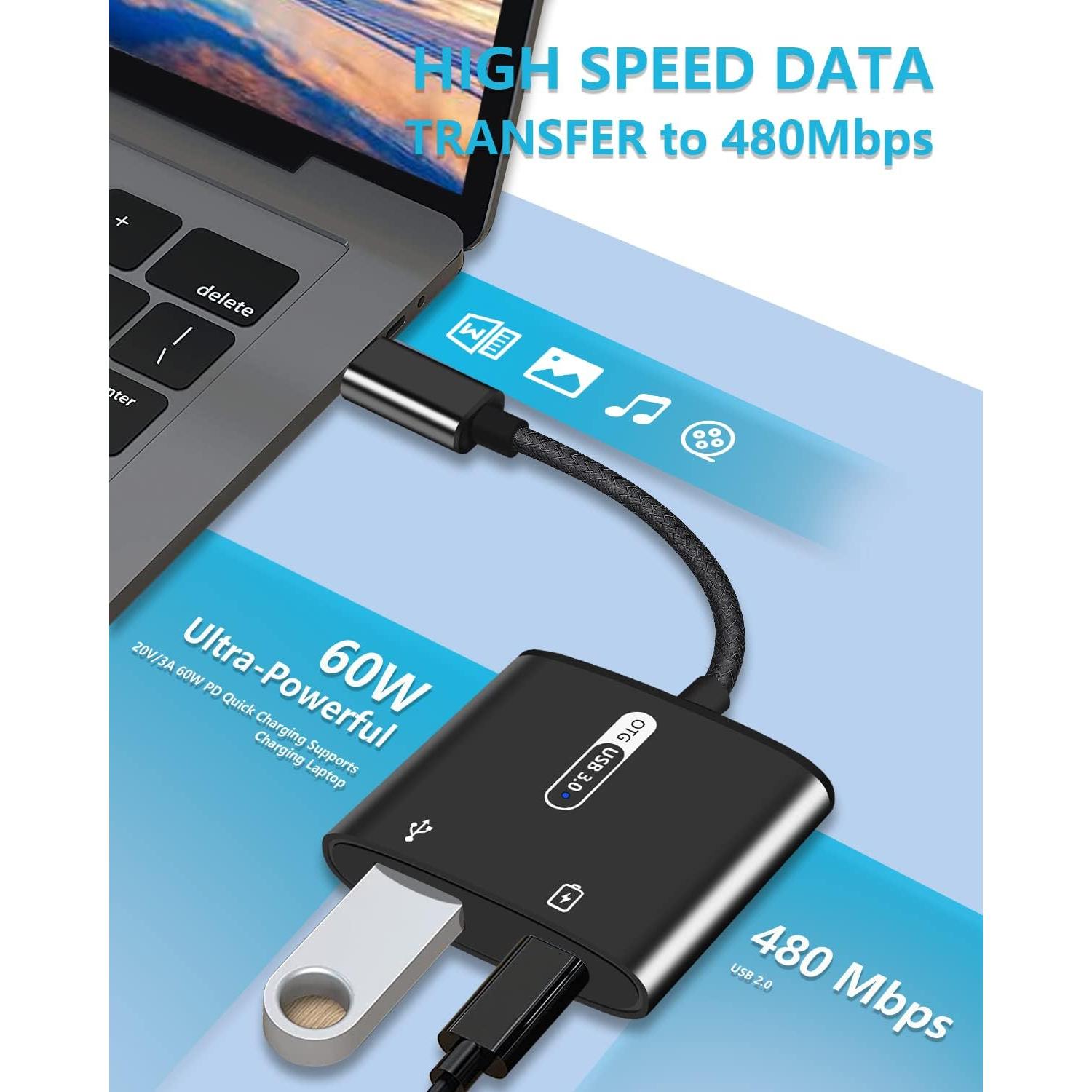 Adaptador USB C OTG con carga PD 60W Azddur - Negro