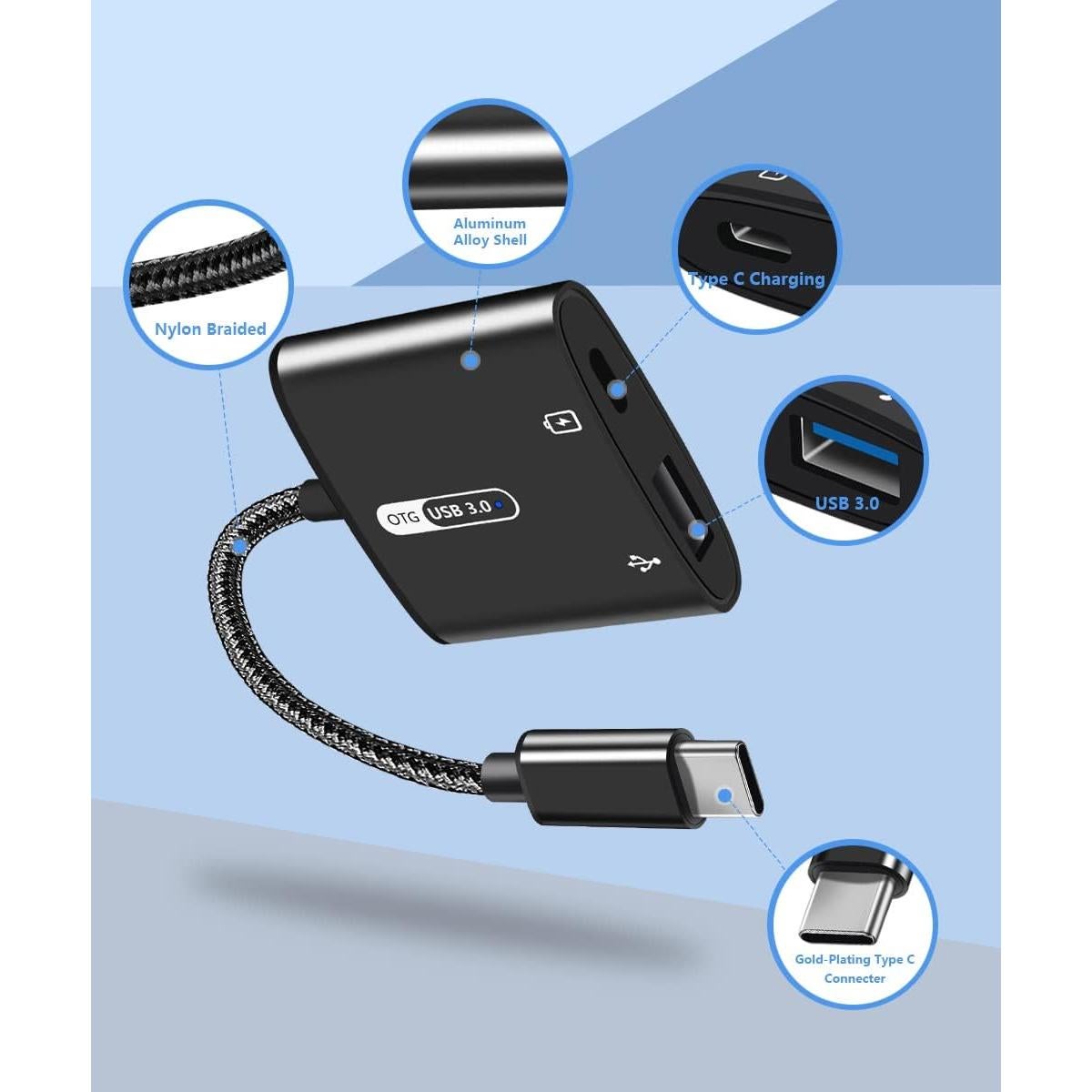 Adaptador USB C OTG con carga PD 60W Azddur - Negro