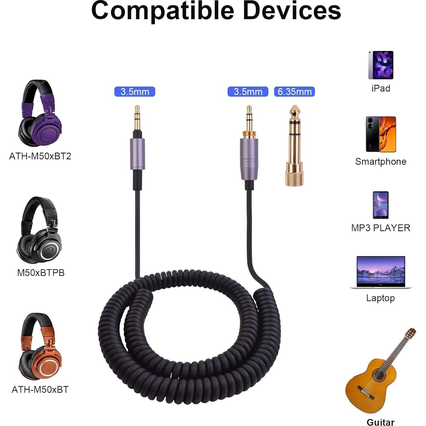 Cable de Audio Aux Reemplazo 1.5m-4.3m para Audio Technica ATH-M50xBT