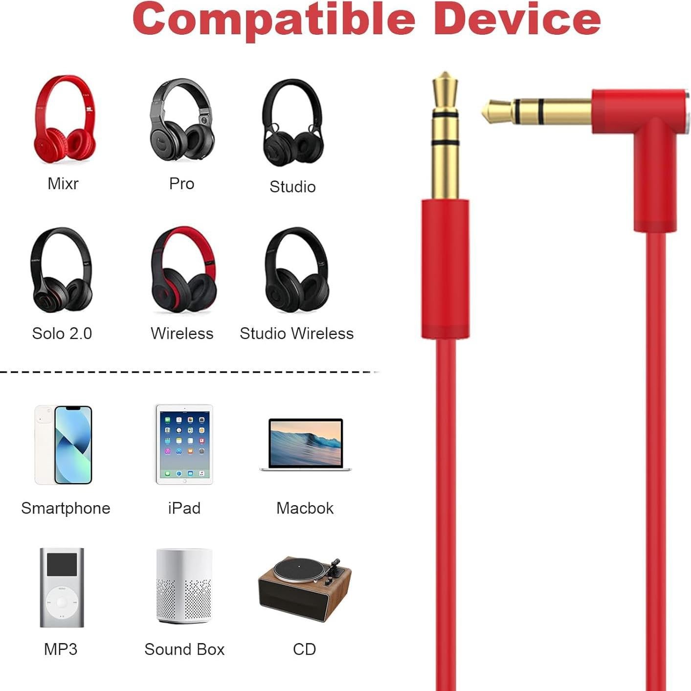 Cable de audio 3.5mm Lusgawer para auriculares Beats Solo 3 Rojo
