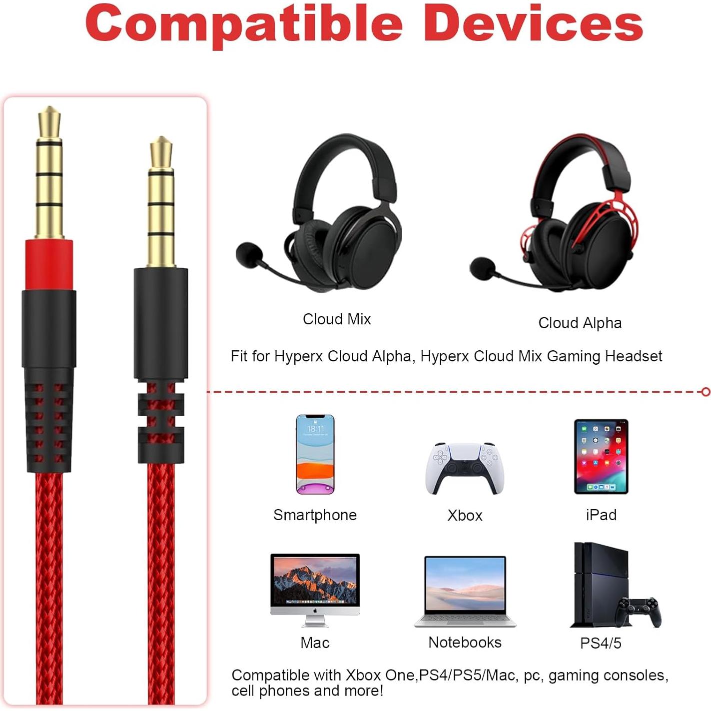 Cable de audio 3.5mm Hizsoaor para auriculares Kingston HyperX