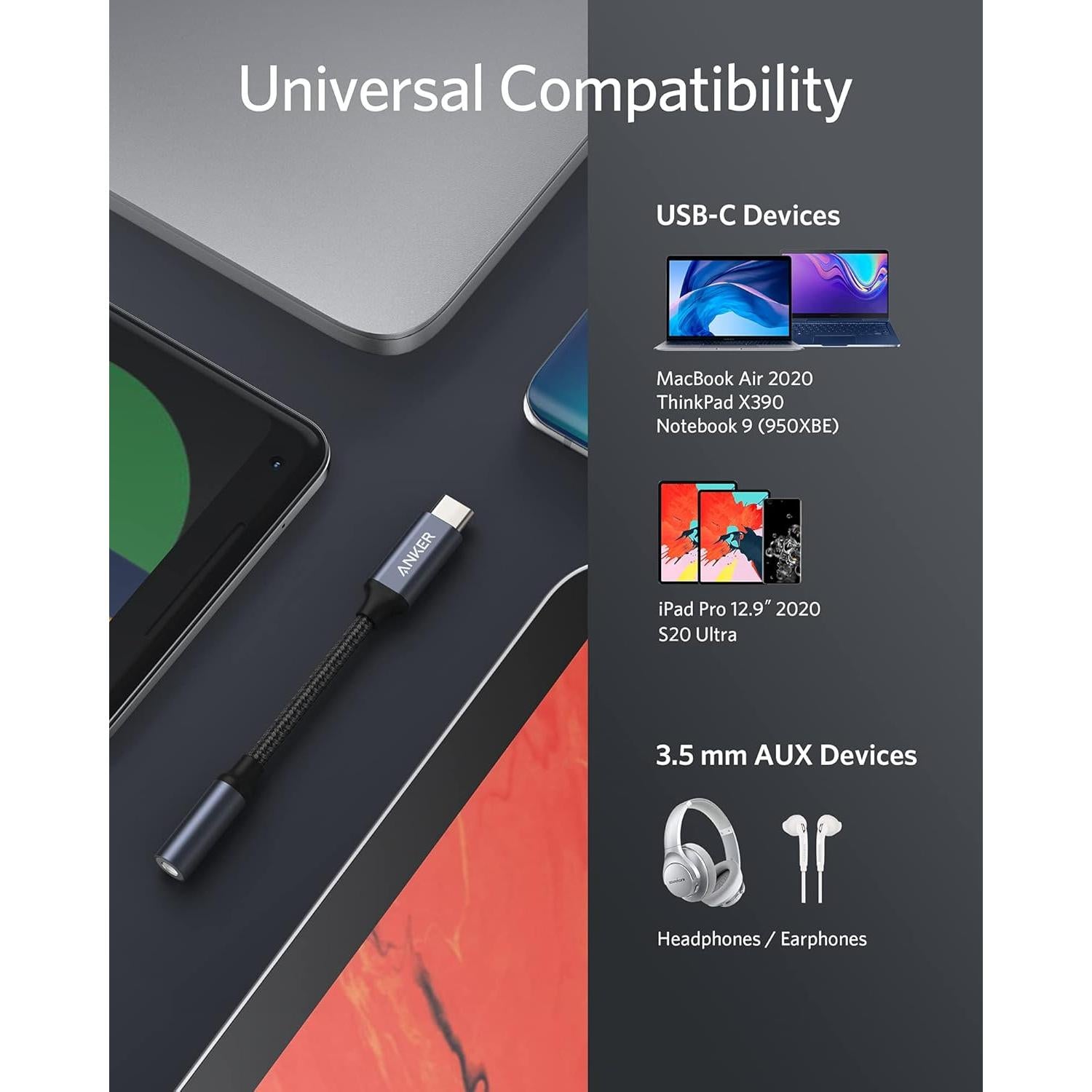 Adaptador de Audio USB-C a 3.5mm Anker A8195, 4.54g, Nylon