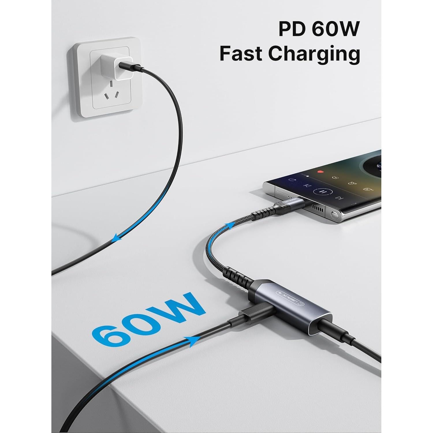 Adaptador JSAUX USB C a 3.5mm y Carga Rápida 60W - Negro