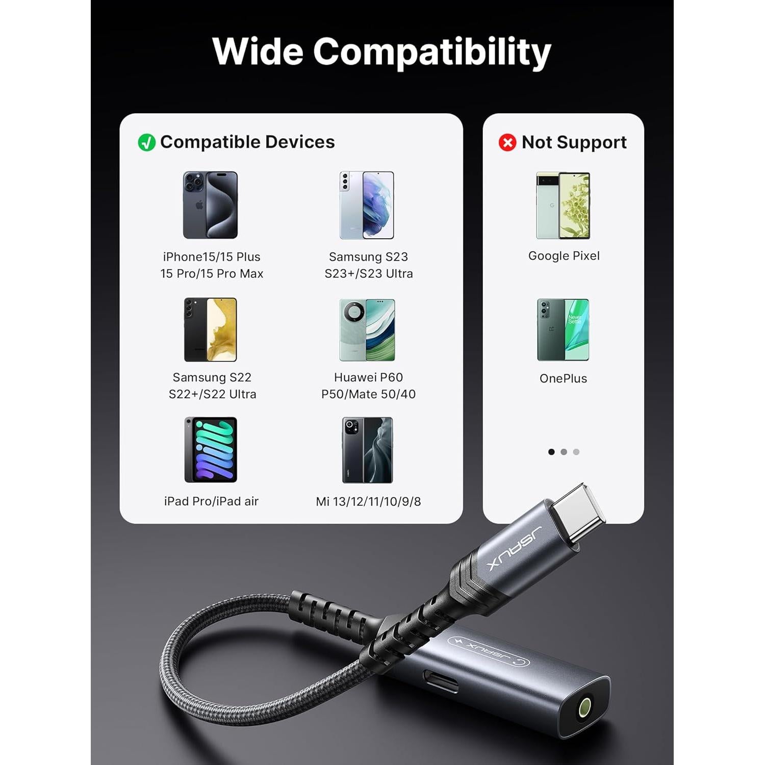 Adaptador JSAUX USB C a 3.5mm y Carga Rápida 60W - Negro