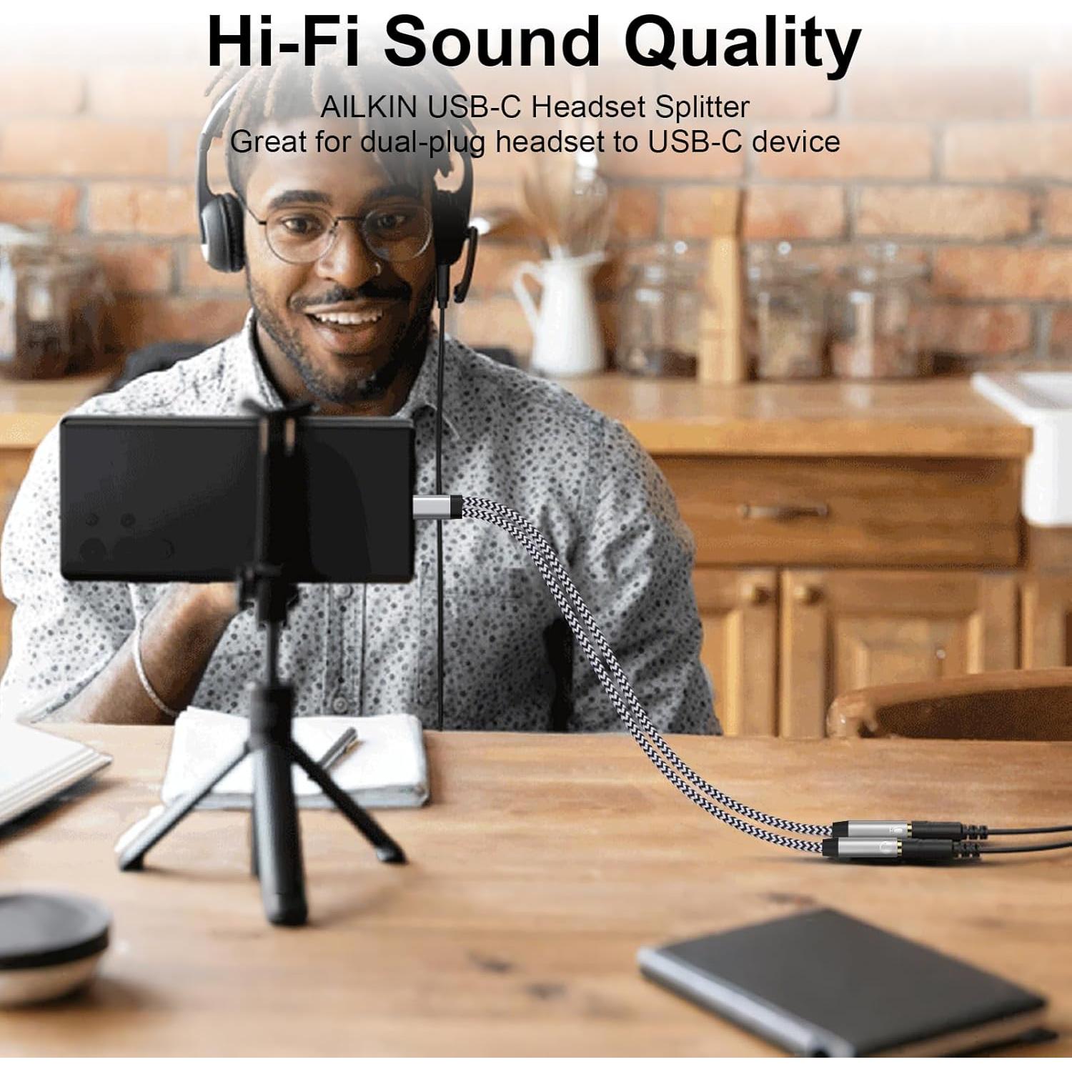 Adaptador USB C a 3.5mm AILKIN con divisor de micrófono