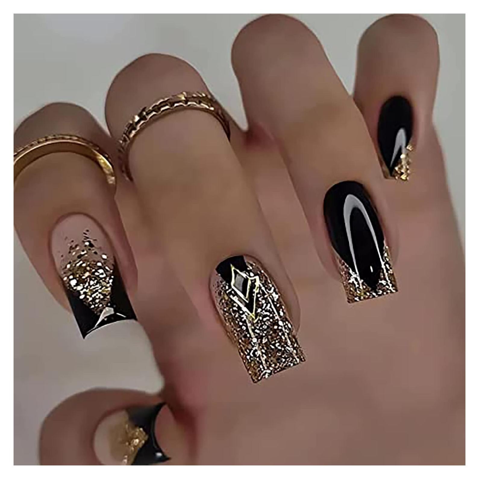 Uñas Falsas Cuadradas Medianas TBRZTR Brillantes Doradas