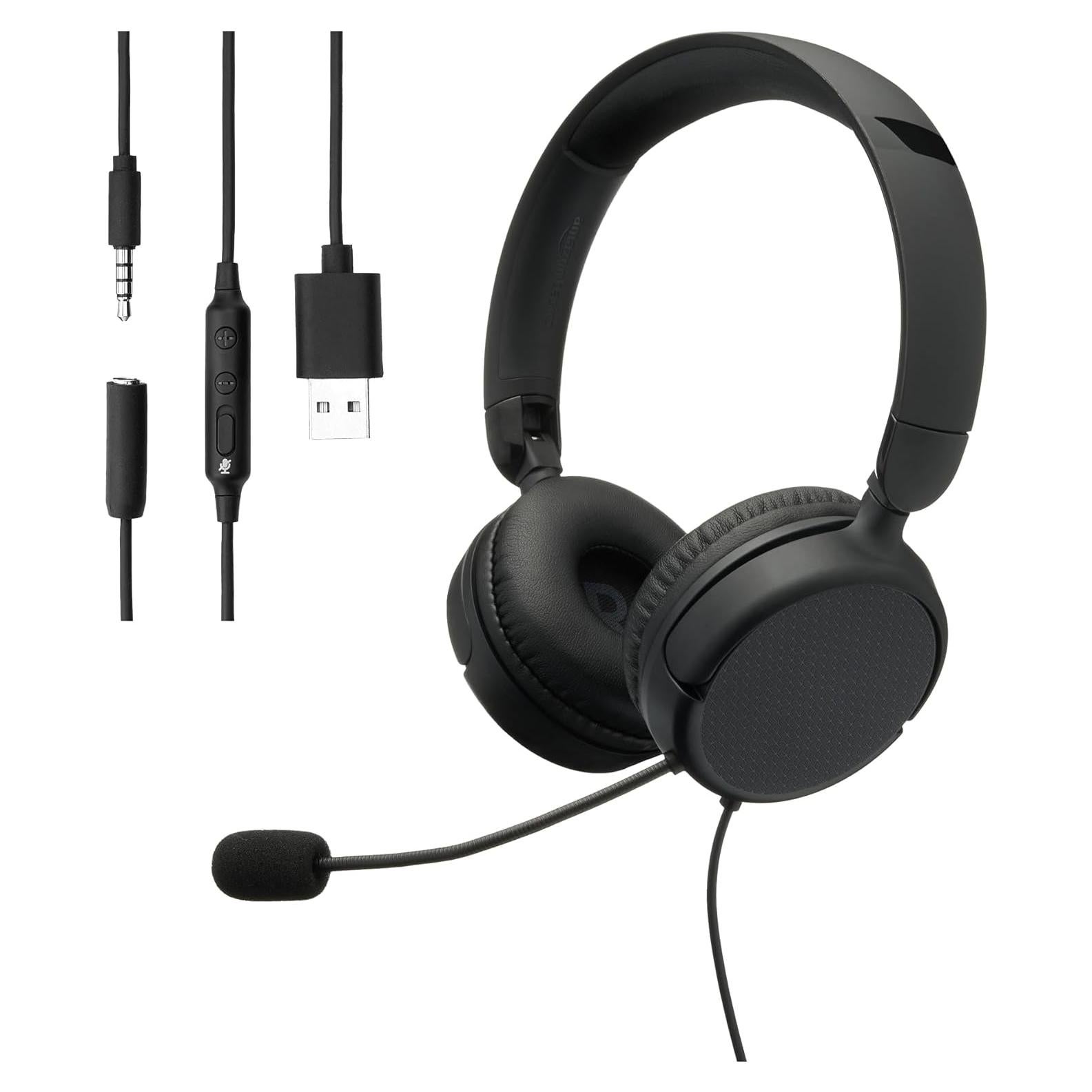 Auriculares con cable Amazon Basics con micrófono y control USB