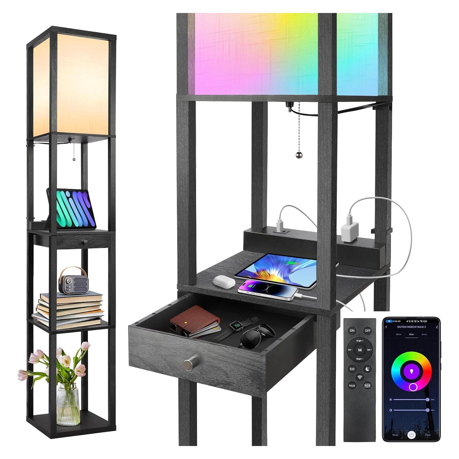 Lámpara de Pie LED OUTON con Estantes y Cajón, Control Remoto