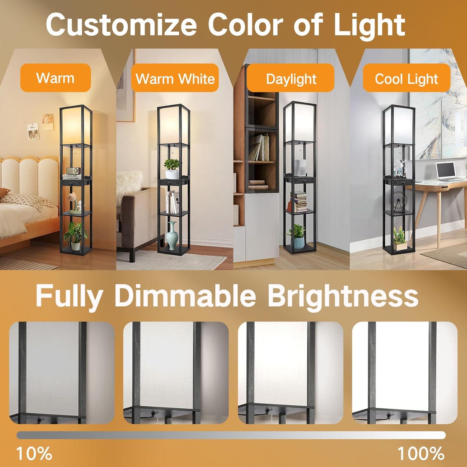 Lámpara de Pie LED OUTON con Estantes y Cajón, Control Remoto