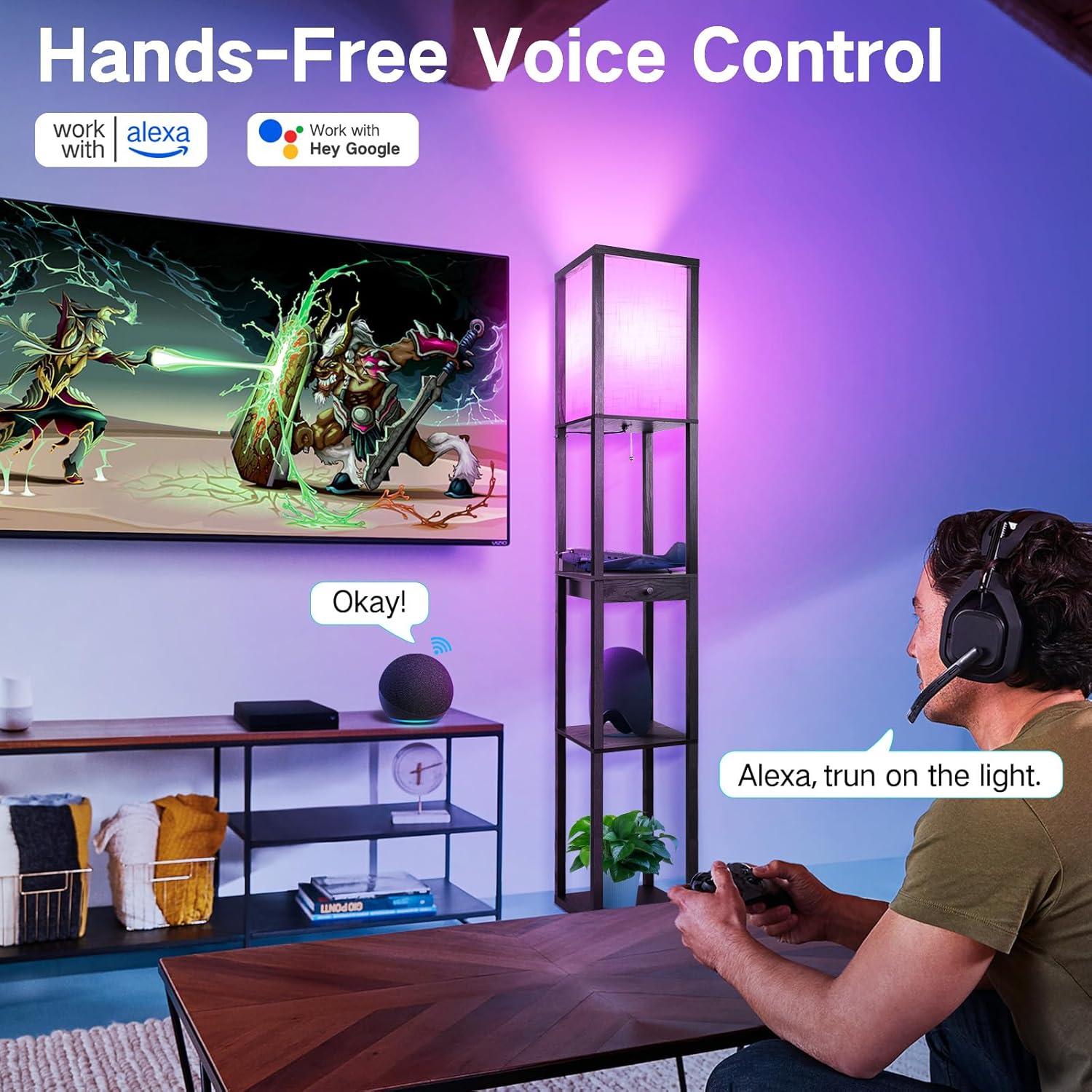 Lámpara de Pie LED OUTON con Estantes y Cajón, Control Remoto