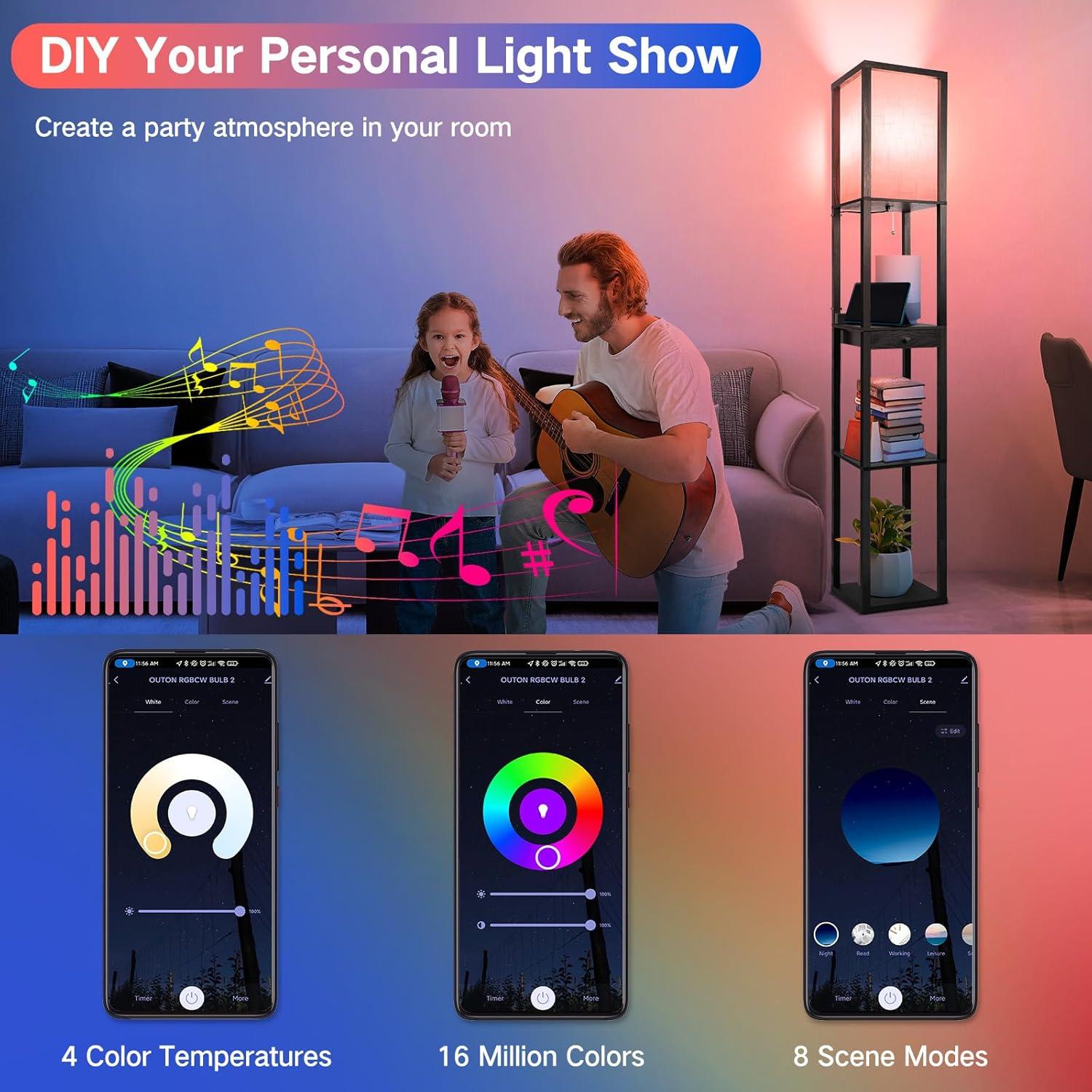 Lámpara de Pie LED OUTON con Estantes y Cajón, Control Remoto
