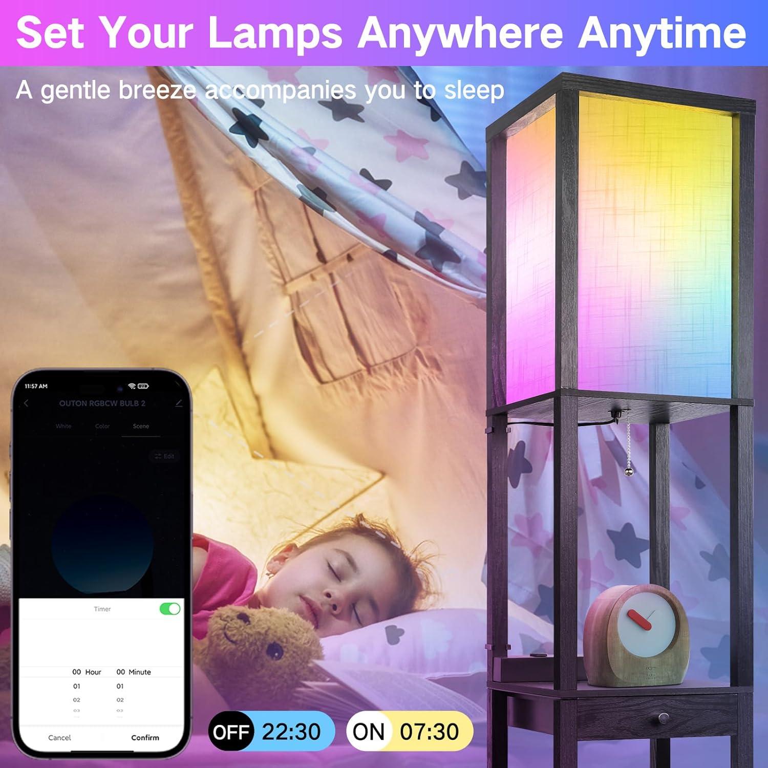 Lámpara de Pie LED OUTON con Estantes y Cajón, Control Remoto