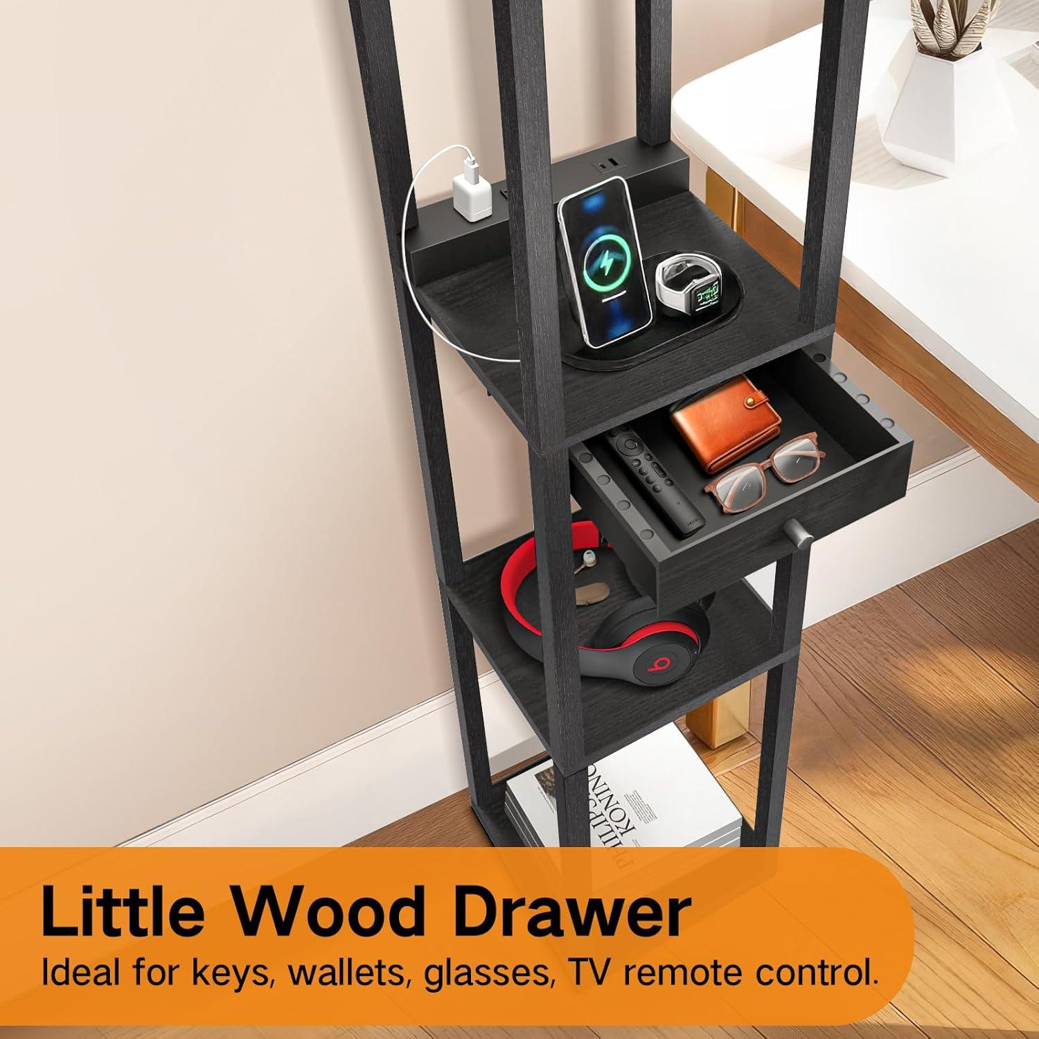 Lámpara de Pie LED OUTON con Estantes y Cajón, Control Remoto