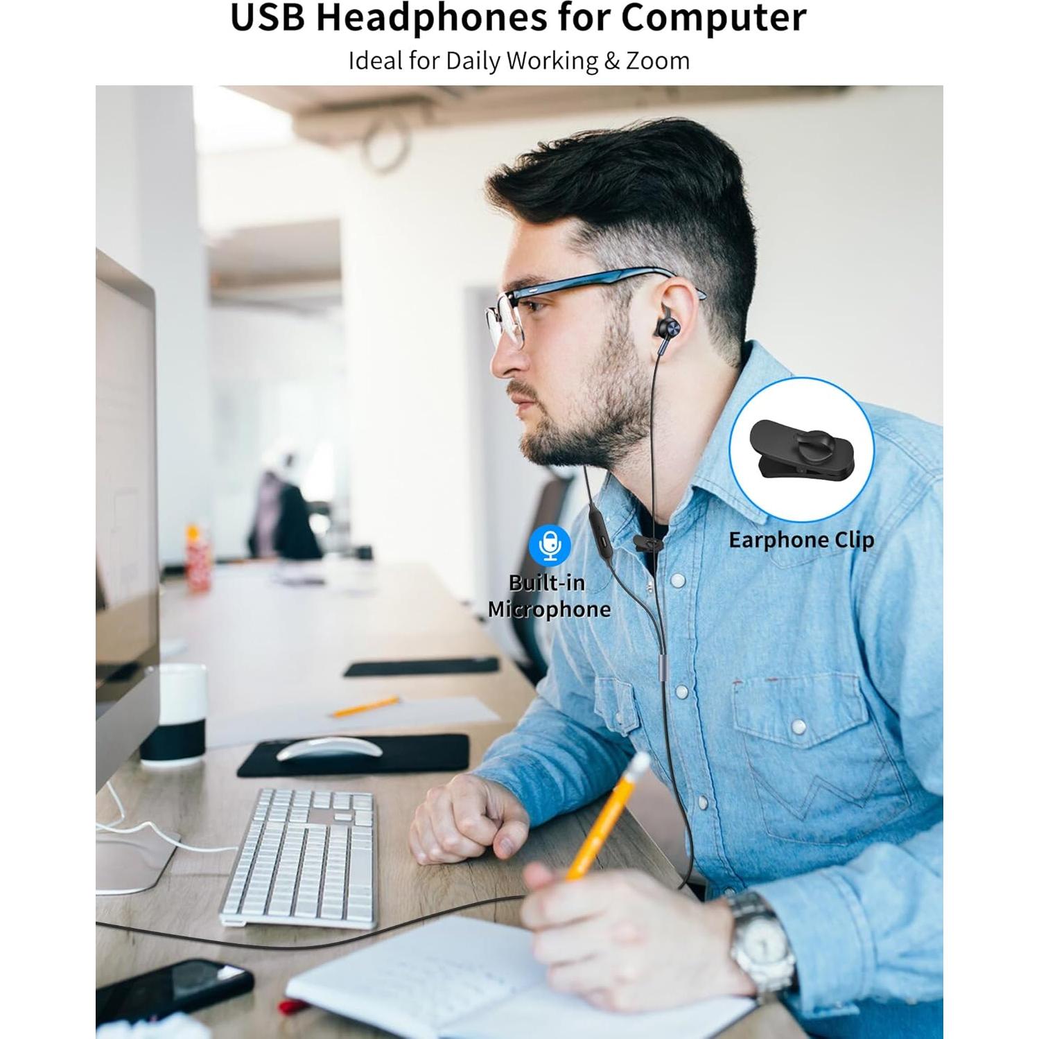 Auriculares USB AIAUXAI con micrófono, 2.3m, cancelación ruido