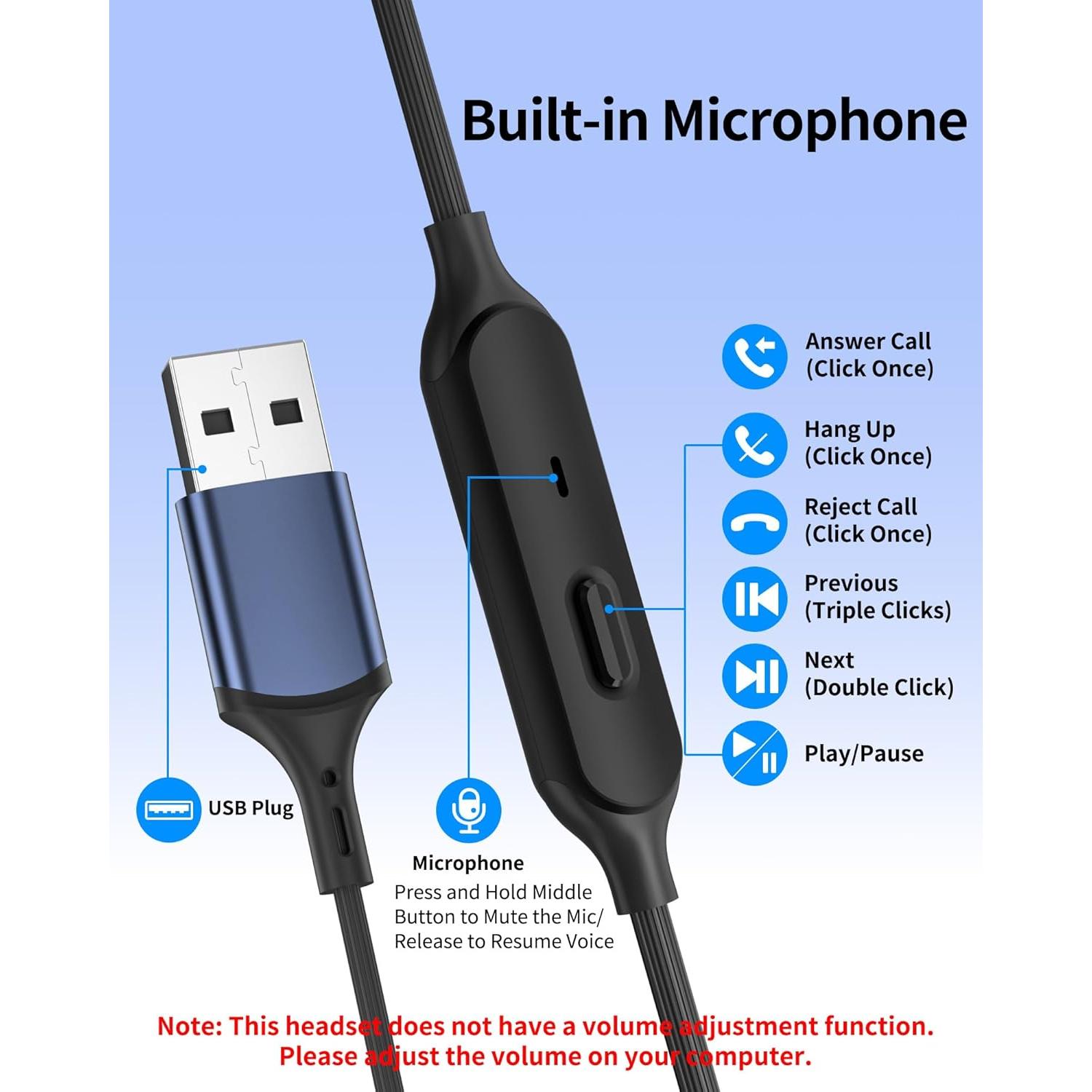 Auriculares USB AIAUXAI con micrófono, 2.3m, cancelación ruido