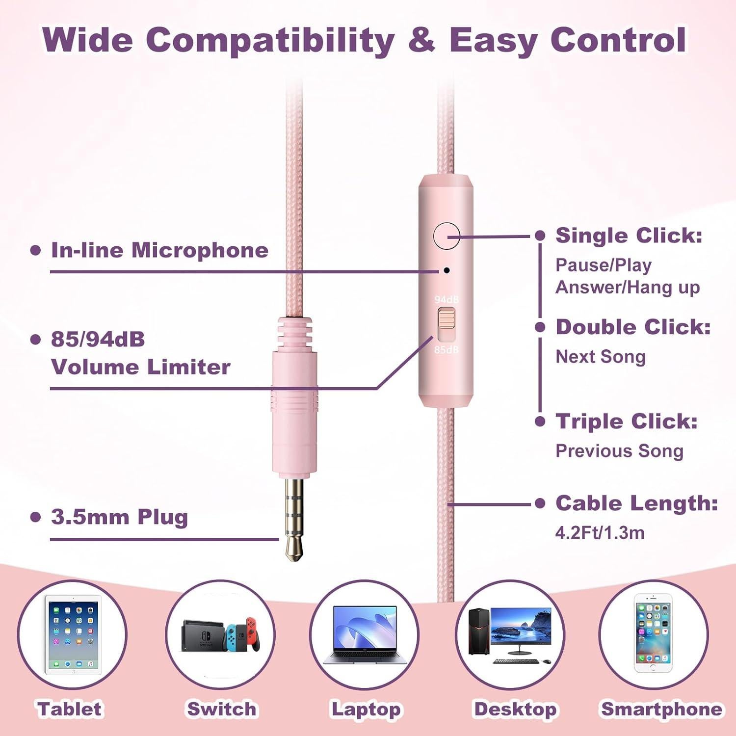 Auriculares Joysico YO1 Rosa para Niños con Micrófono 85dB