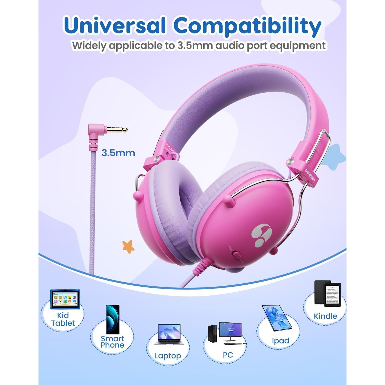 Auriculares para Niños Awatrue Rosa 74dB Sonido Estéreo