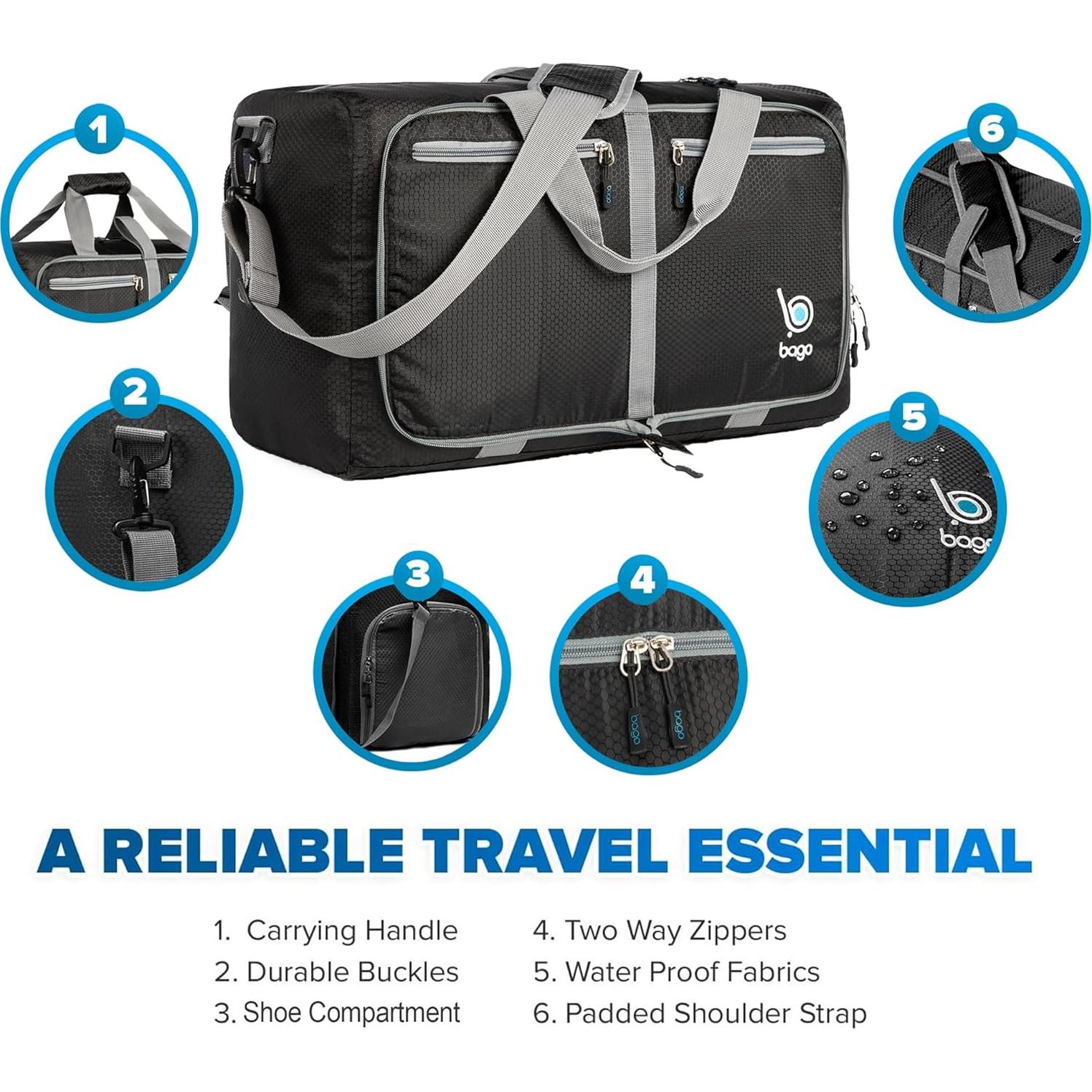 Bolsa de Viaje Plegable Bago 40L Impermeable Negro