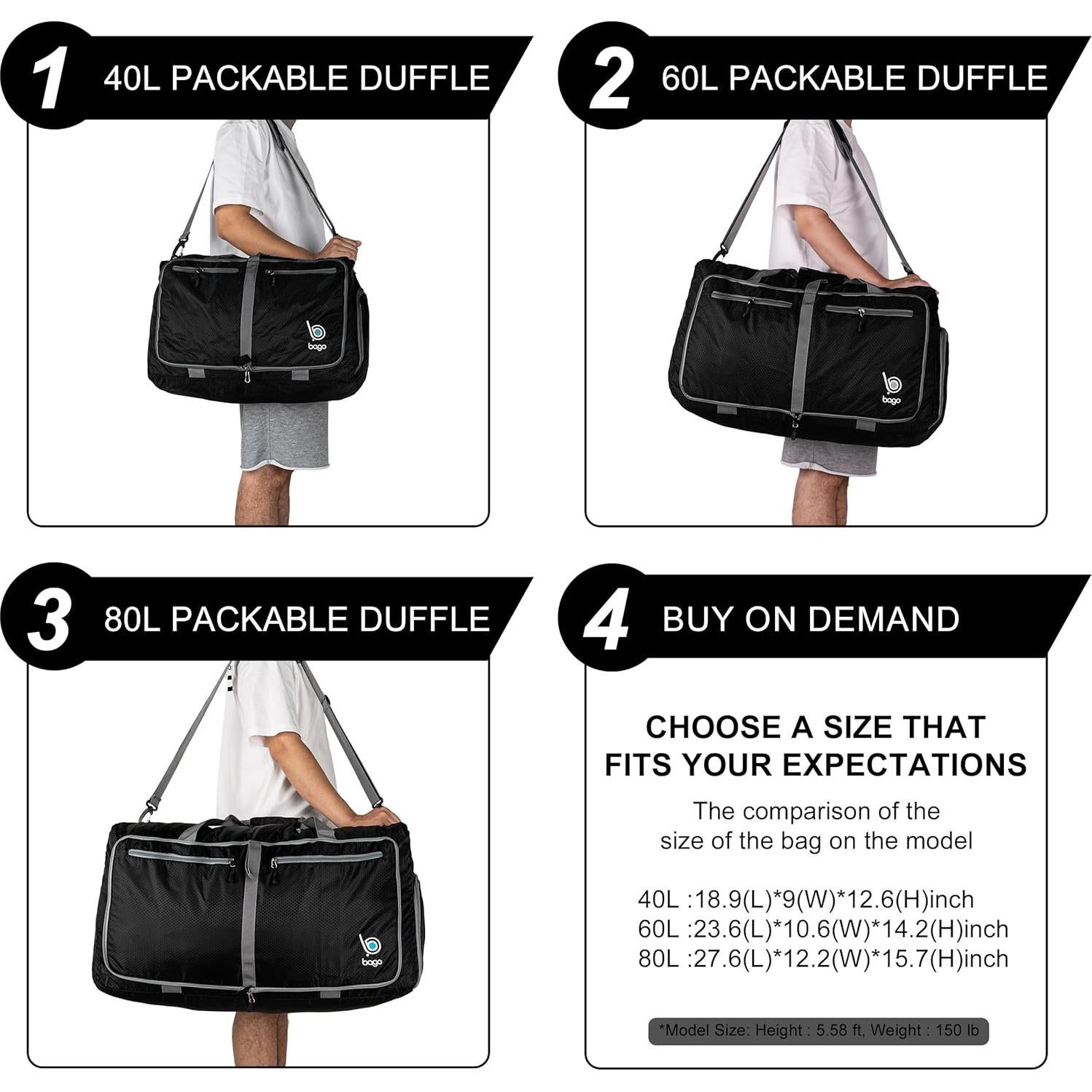 Bolsa de Viaje Plegable Bago 40L Impermeable Negro