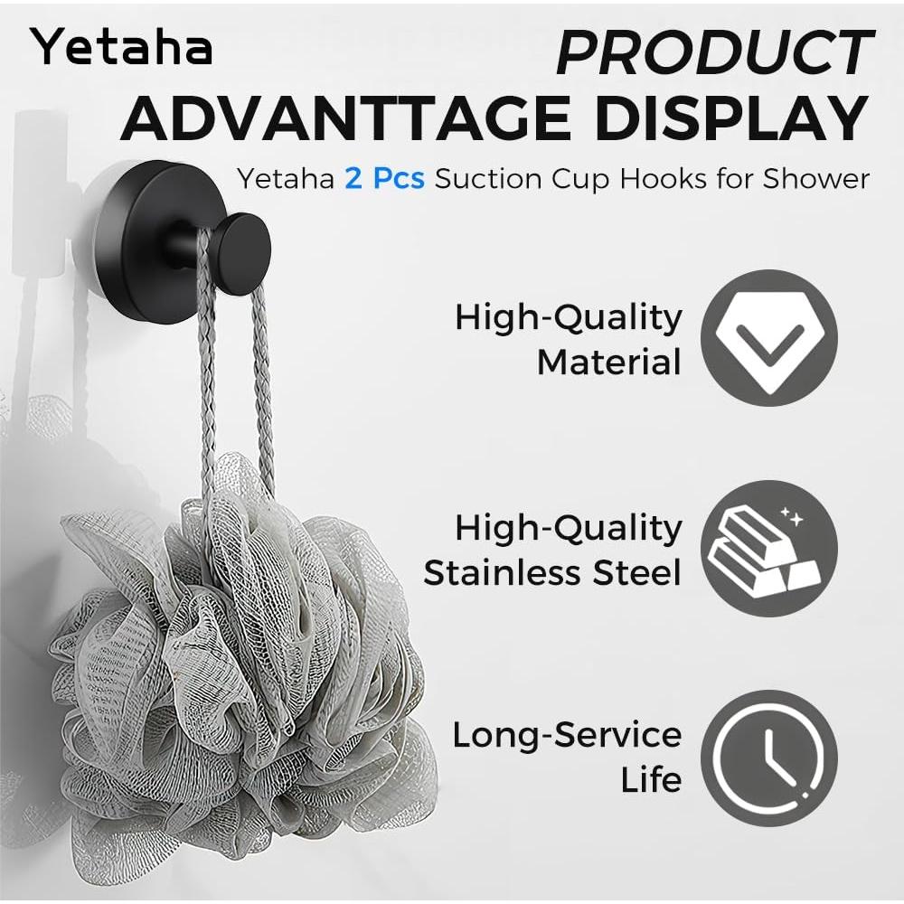 Ganchos de Ventosa Yetaha 2 Pcs Acero Inoxidable Negro