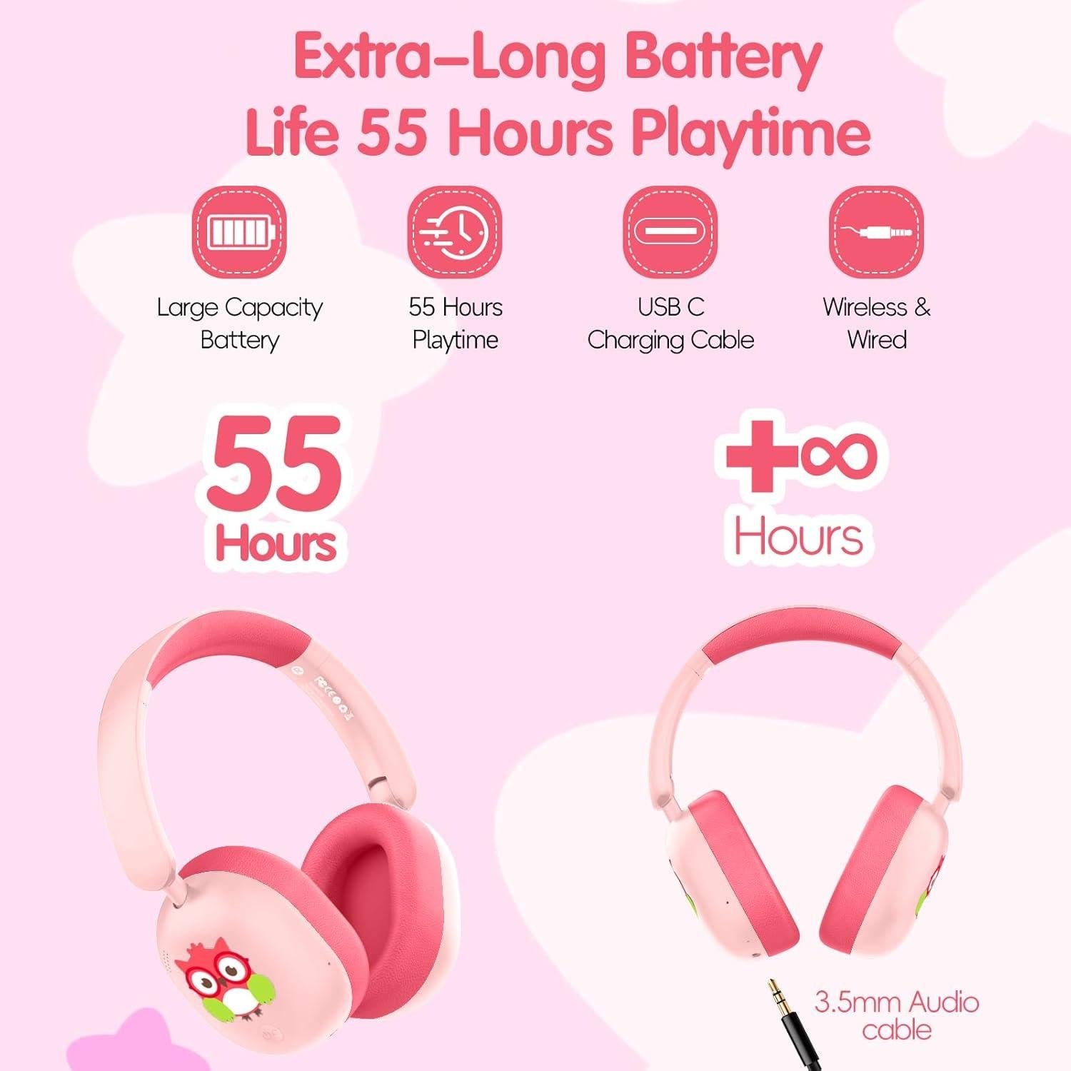 Auriculares LOBKIN Bluetooth 5.4 para Niños Plegables 55H Rosa