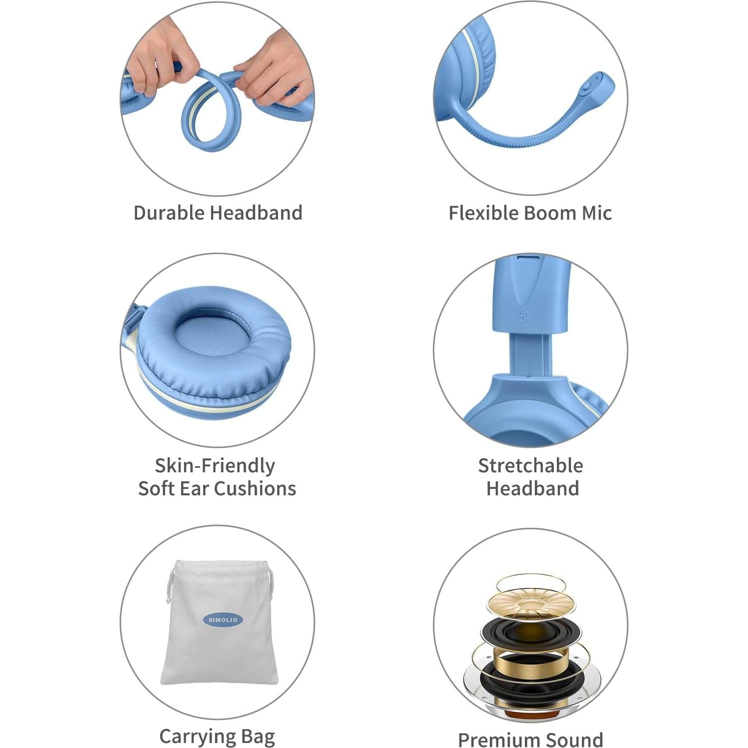 Auriculares SIMOLIO para Niños con Micrófono y Volumen Seguro