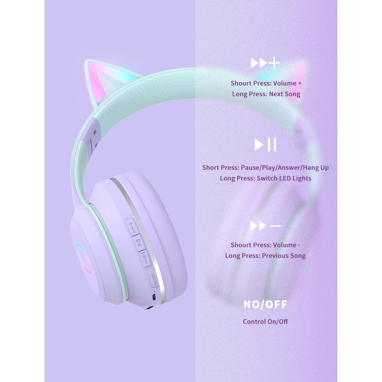 Auriculares Inalámbricos DMJ con Orejas de Gato Púrpura