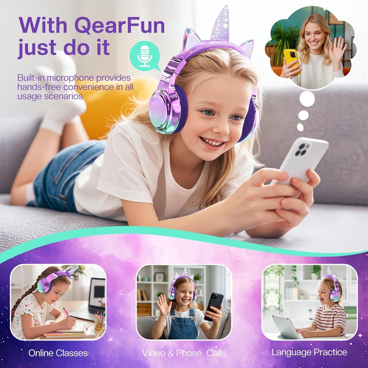 Auriculares Bluetooth QearFun Unicornio Púrpura 60H 3Niveles