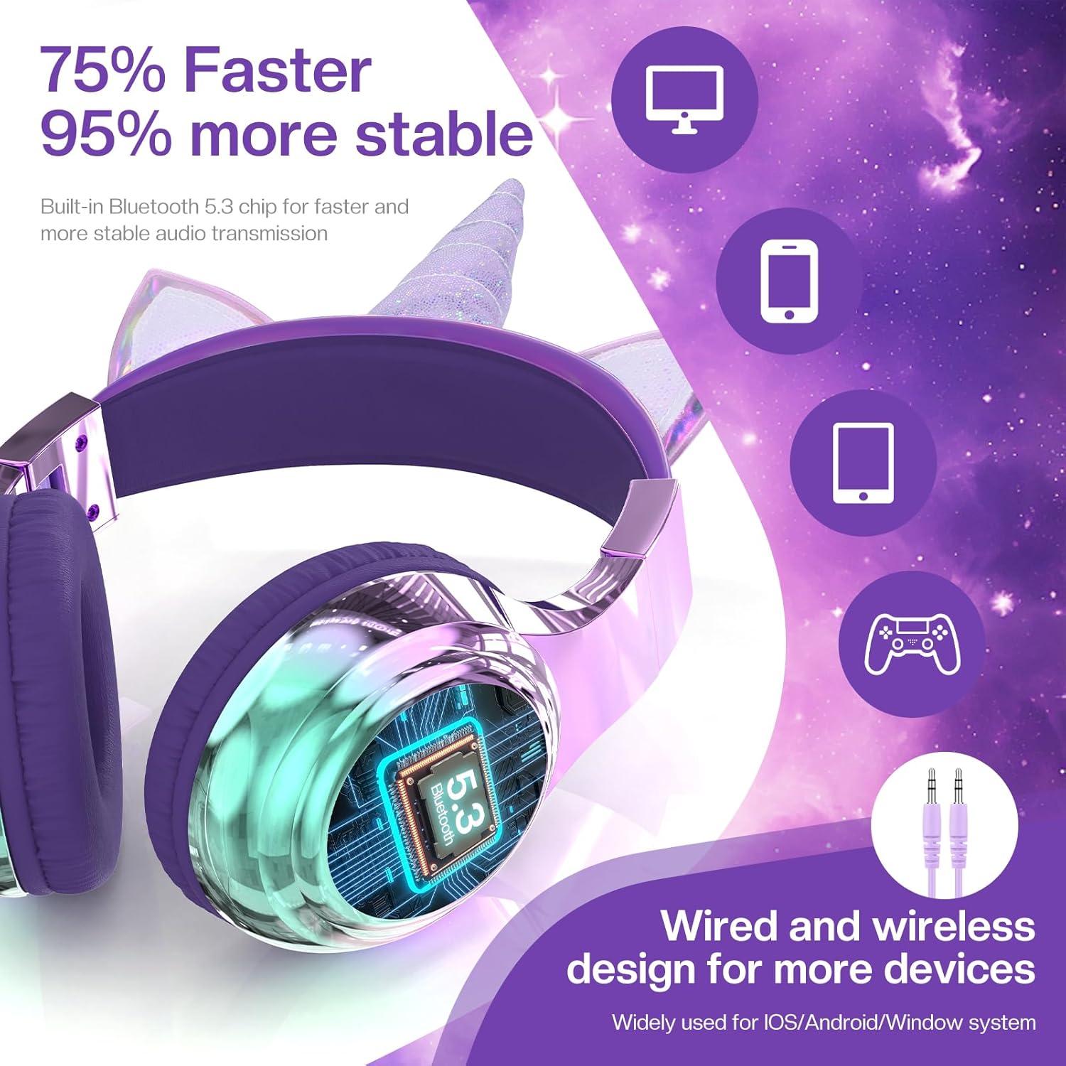Auriculares Bluetooth QearFun Unicornio Púrpura 60H 3Niveles