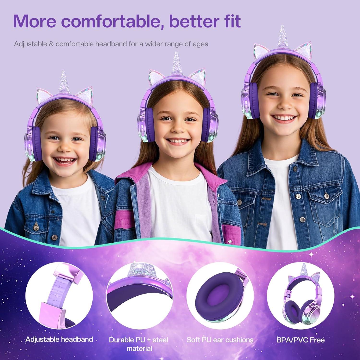 Auriculares Bluetooth QearFun Unicornio Púrpura 60H 3Niveles