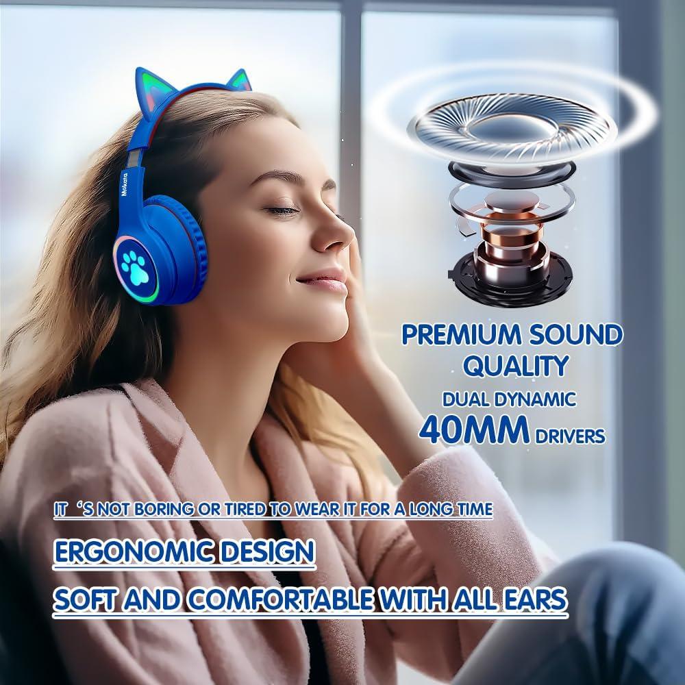 Auriculares Inalámbricos MOKATA Bluetooth 5.3 Orejas de Gato Azul