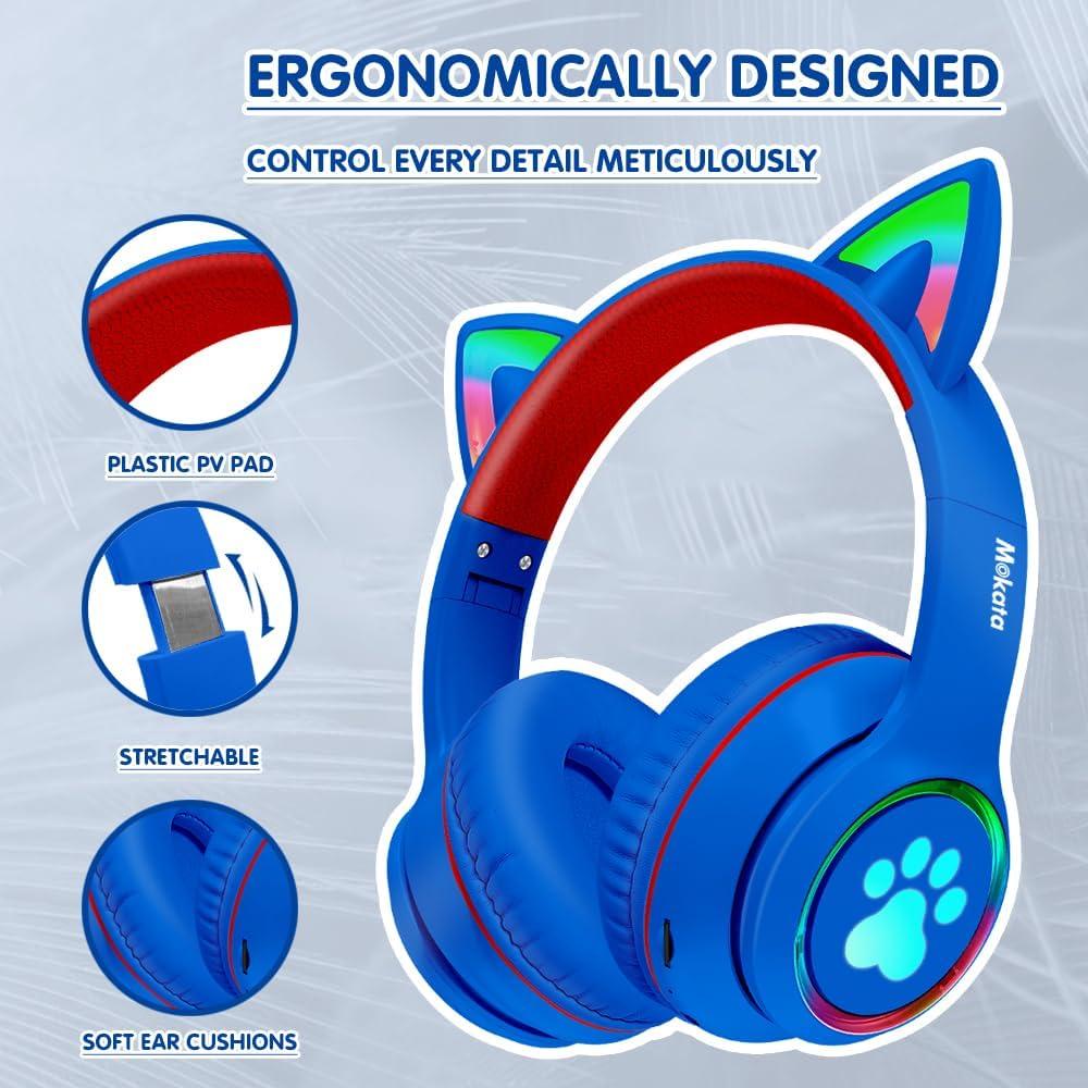 Auriculares Inalámbricos MOKATA Bluetooth 5.3 Orejas de Gato Azul