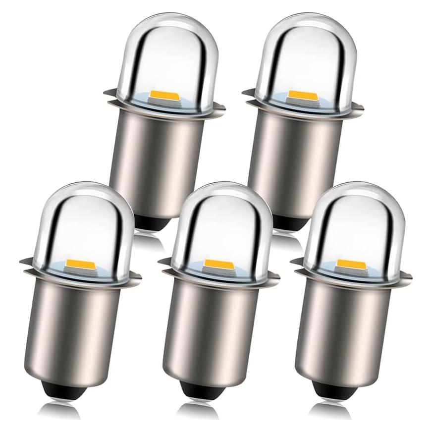 Ruiandsion Upgrade LED Flashlight Bulb 3V P13.5S Base Socket Warm White LED Bulbs Replacement for Flashlight Torch Lights, Negative Earth (Pack of 5)