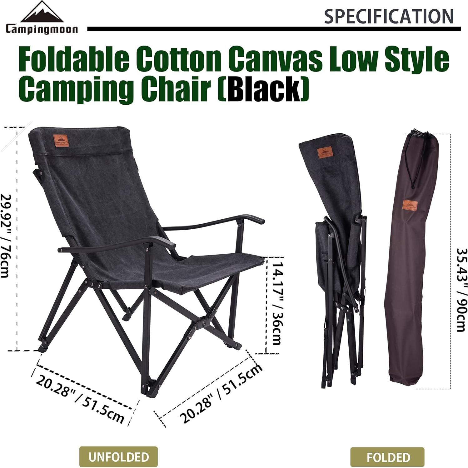 Silla de Camping Plegable CAMPINGMOON de Lona Algodón Negra
