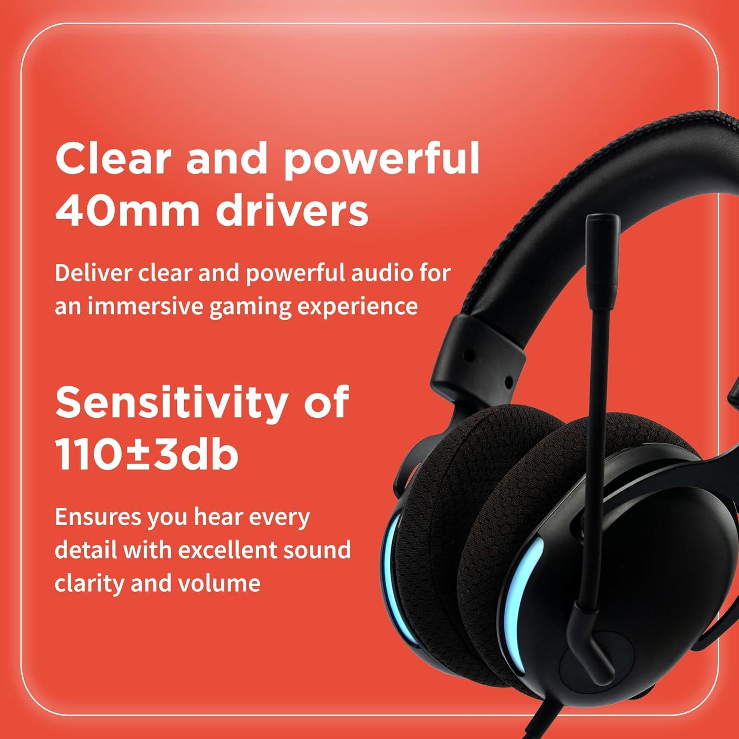 RadioShack Gaming Headphones – 40mm Drivers, Dual Connectivity (3.5mm & USB-A), Modern & Sleek Black Design