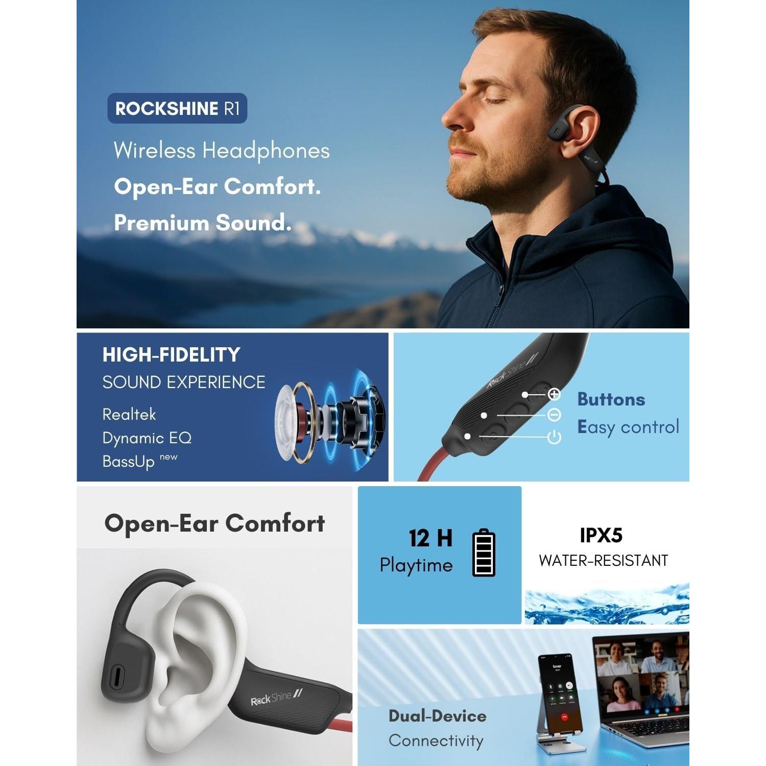 Auriculares Deportivos ROCKSHINE R1 - Conducción Ósea, Resistente al Sudor, Bluetooth 5.3