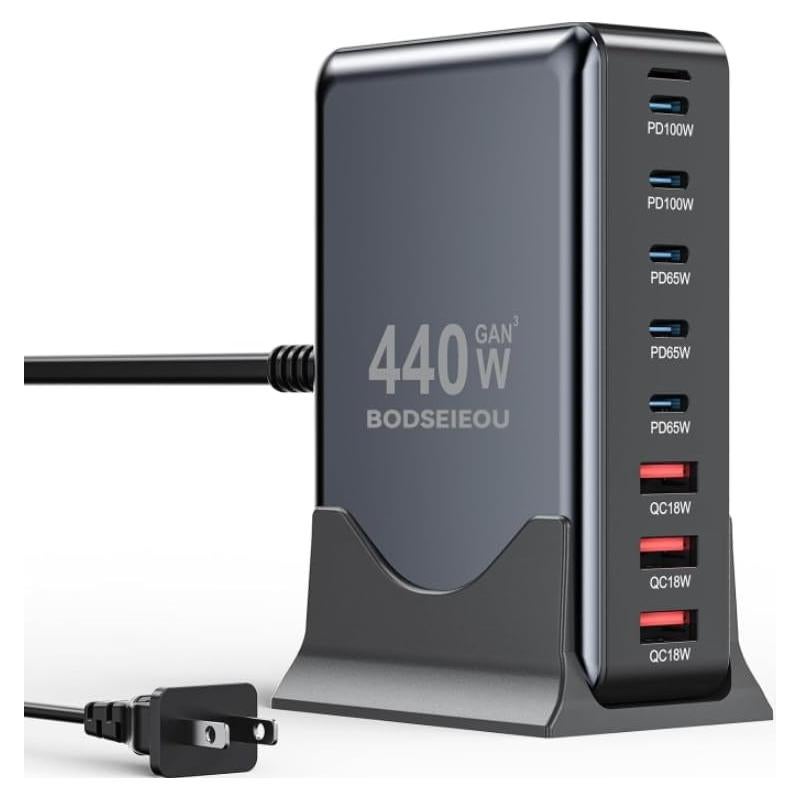 Cargador USB C 440W GaN III 8 Puertos con Cable 1.5m