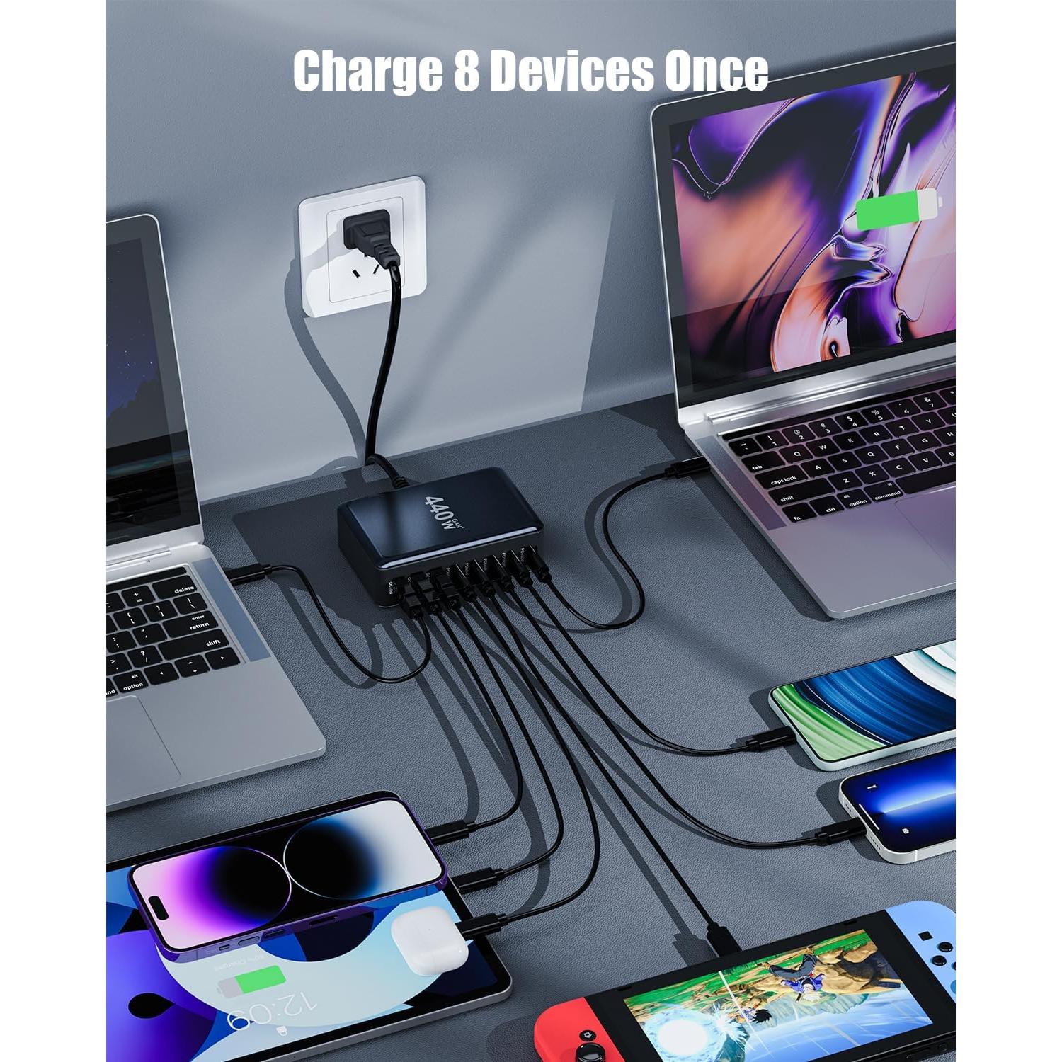 Cargador USB C 440W GaN III 8 Puertos con Cable 1.5m