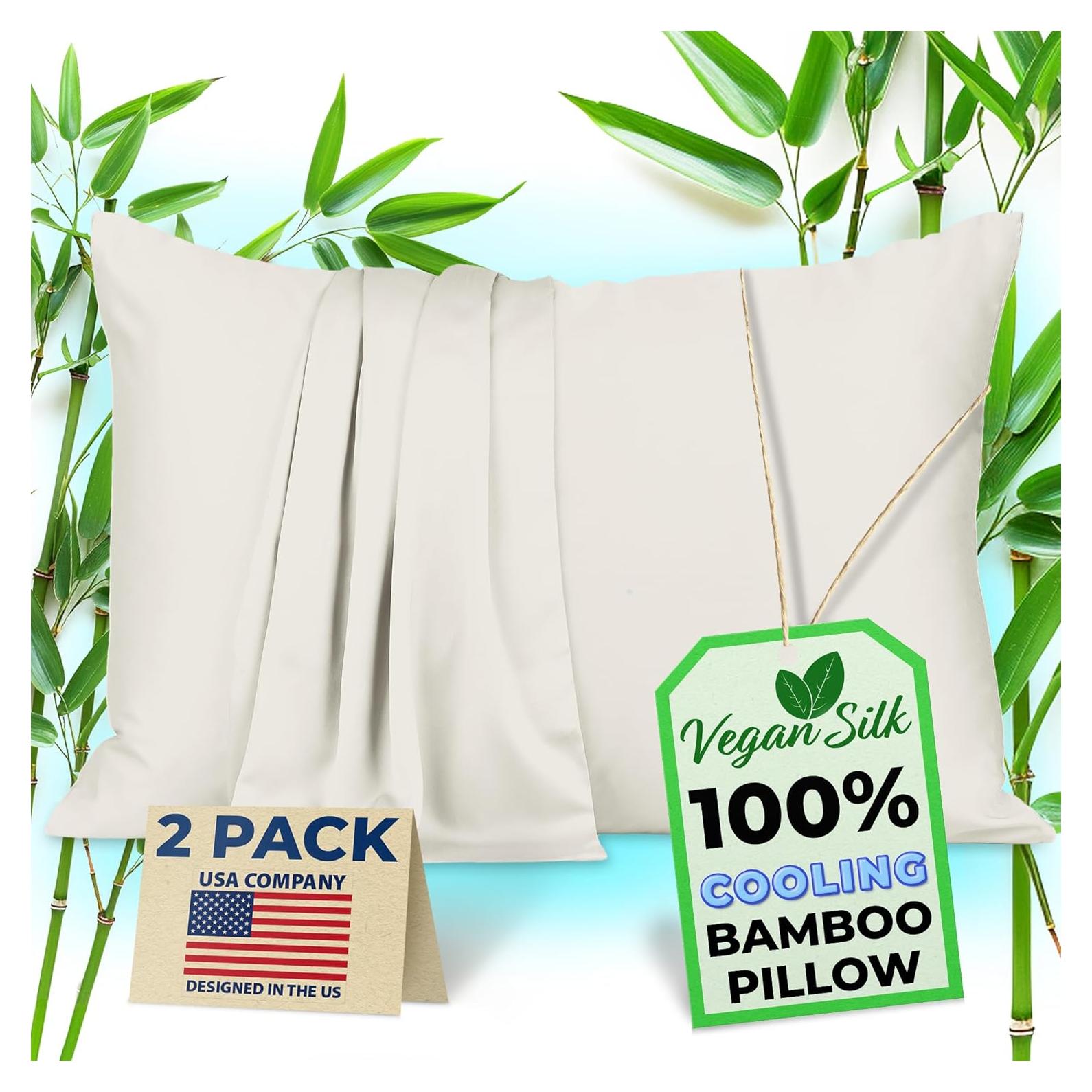 Fundas de Almohada Refrigerantes Vegan Silk - 100% Viscosa de Bambú - Estándar, Juego de 2 con Cremallera