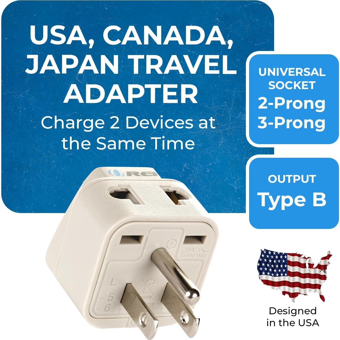 Adaptador de Enchufe de Viaje OREI Tipo B - Paquete de 2 - Blanco