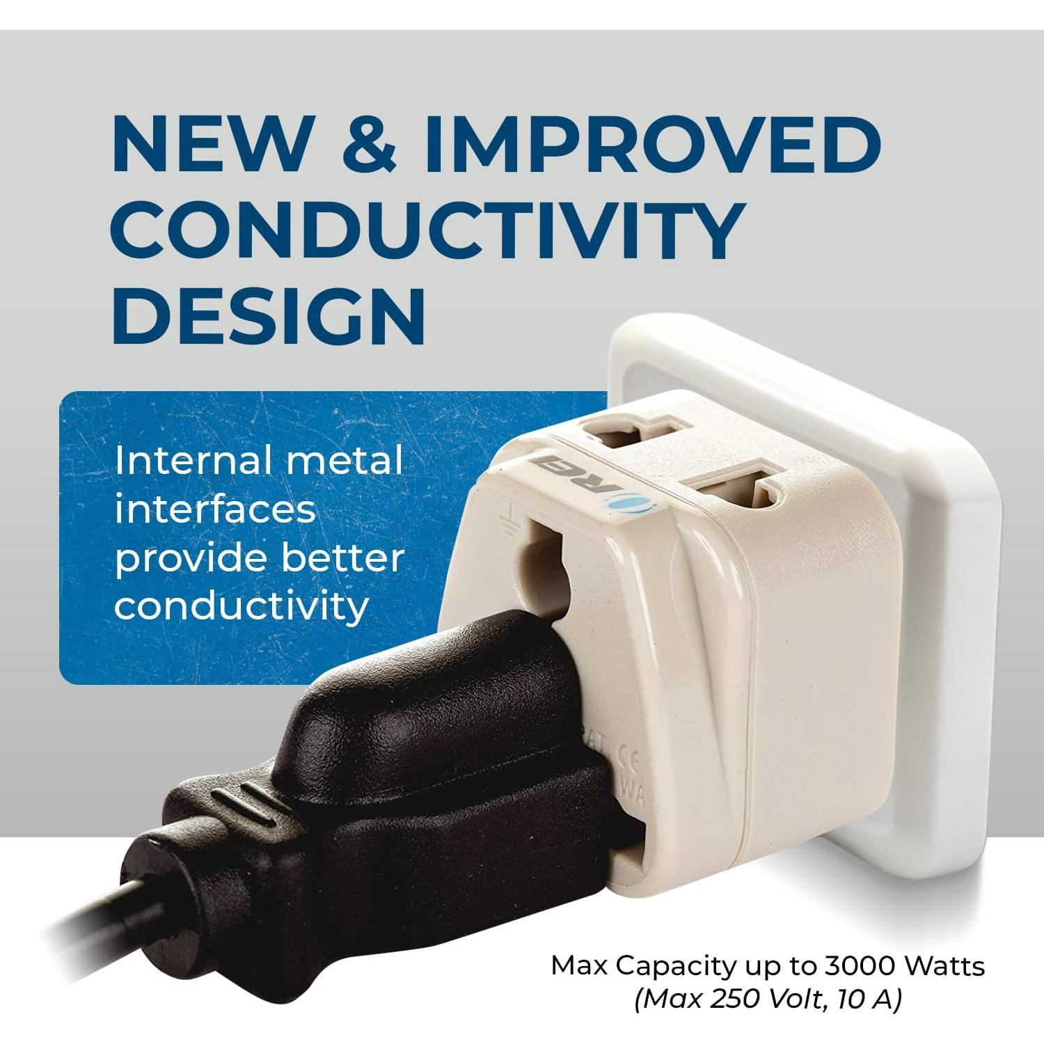 Adaptador de Enchufe de Viaje OREI Tipo B - Paquete de 2 - Blanco