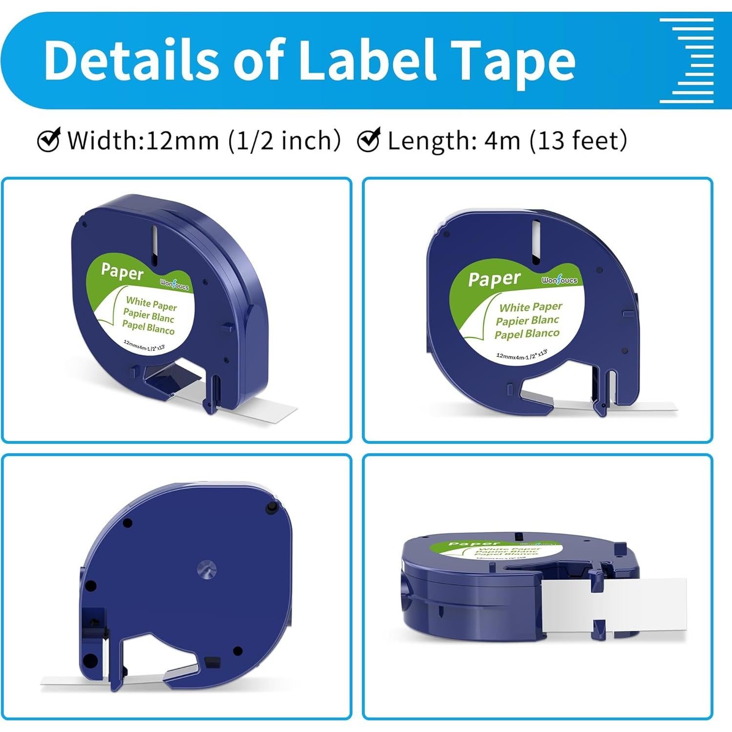 Cinta de Etiqueta Papel Blanca 12mm x 4m Wonfoucs para Dymo