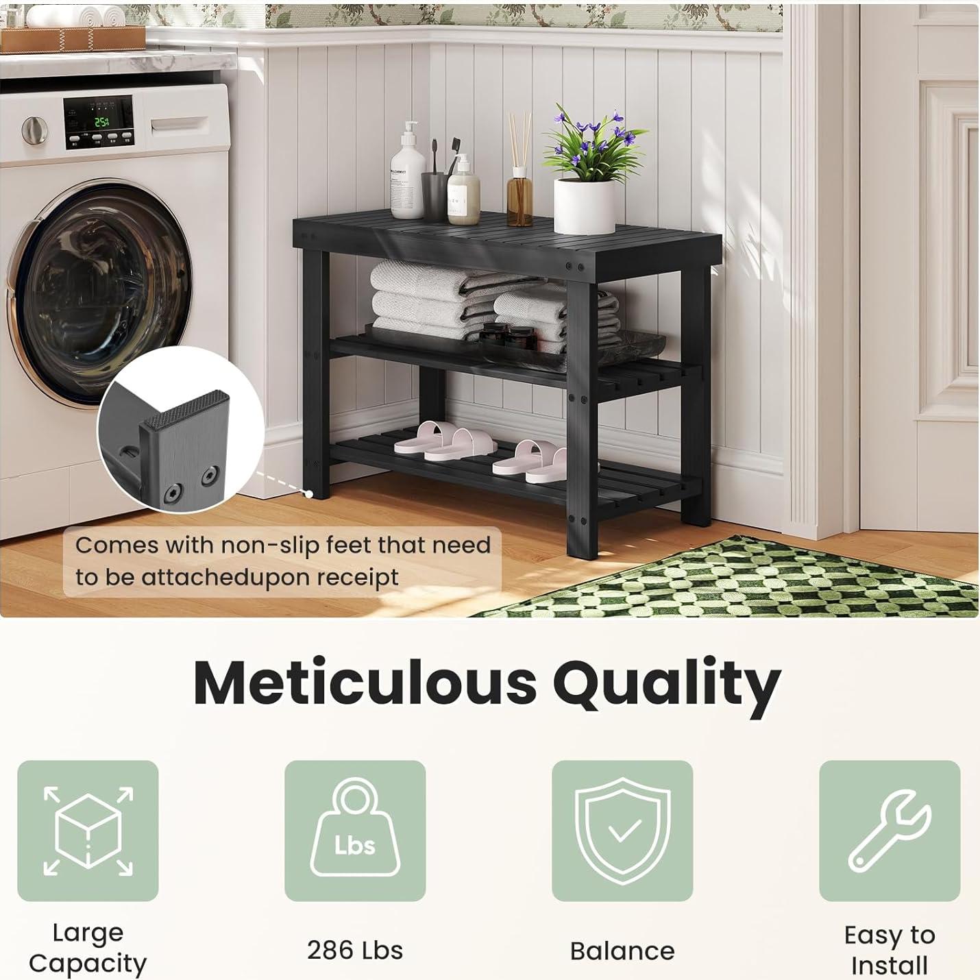 Banco de Zapatos DUMOS de Bambú Negro, Organizador 3 Niveles