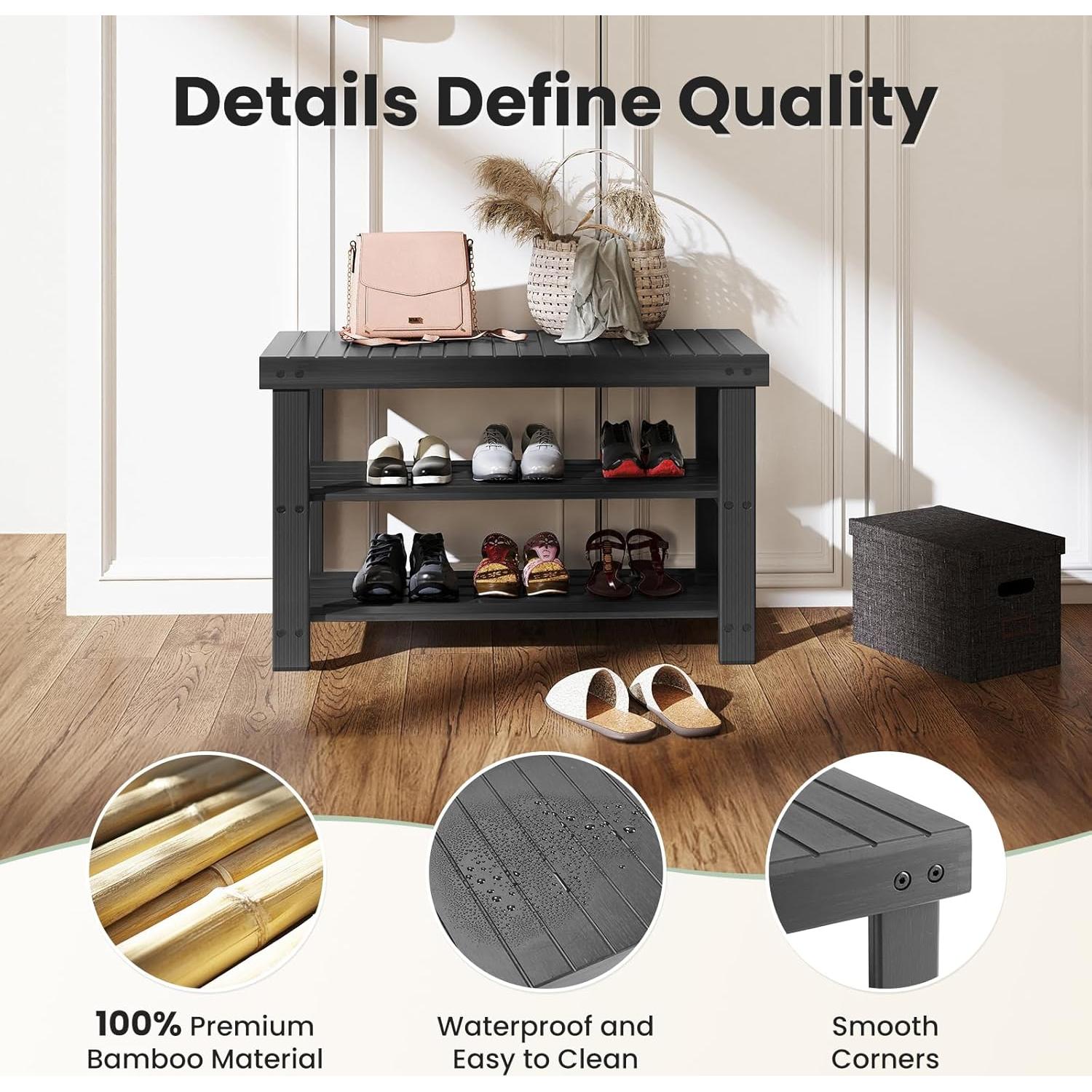 Banco de Zapatos DUMOS de Bambú Negro, Organizador 3 Niveles