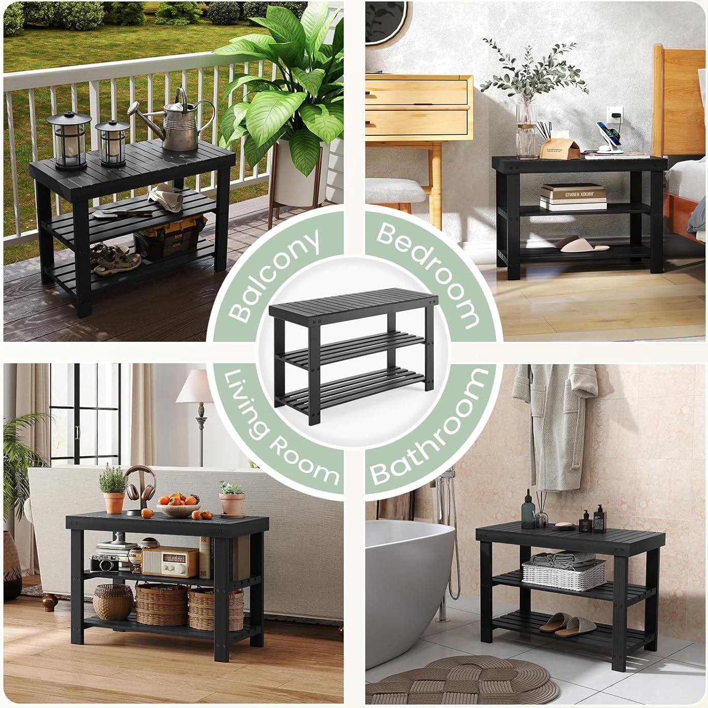 Banco de Zapatos DUMOS de Bambú Negro, Organizador 3 Niveles