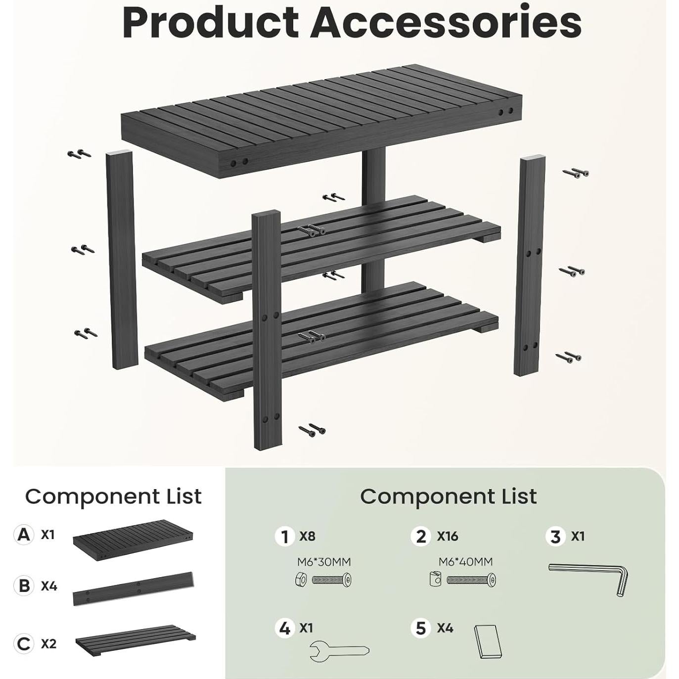 Banco de Zapatos DUMOS de Bambú Negro, Organizador 3 Niveles
