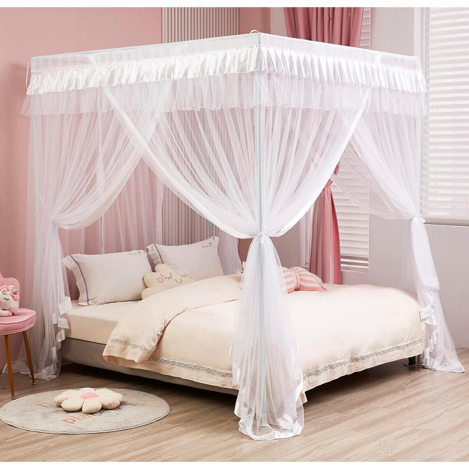 Cortina de Cama con Dosel Mengersi Blanca Matrimonial 145x199 cm