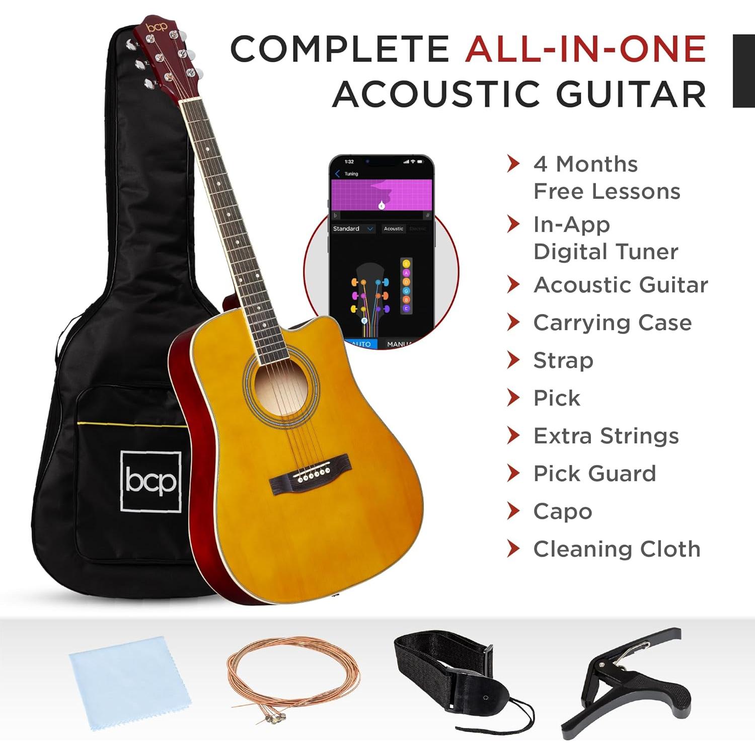 Guitarra Acústica Completa 41" Natural Envejecido con Accesorios