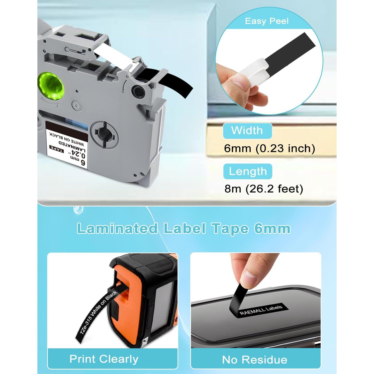 Cinta de Etiqueta Laminada RAEMALL TZe-315 6mm Negro sobre Blanco